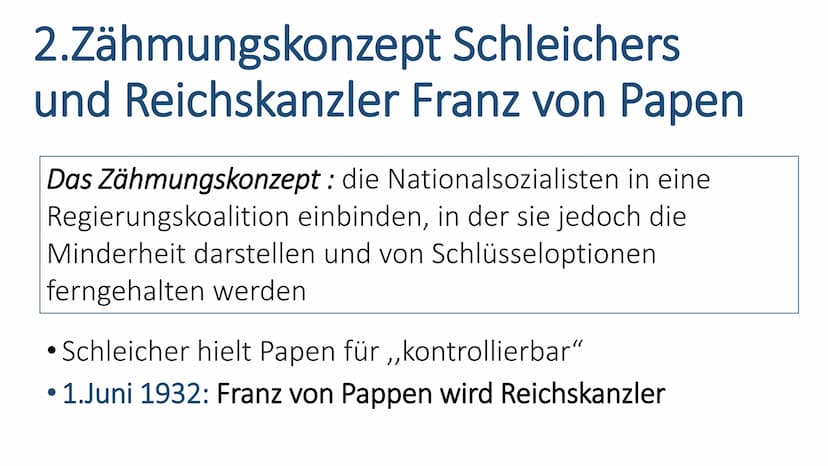 Hitlers Machtergreifung
Zähmen,entzaubern, spalten, einrahmen - Wie Hitler
beikommen? Gliederung
1. Brünings Sturz
2. Zähmungskonzept Schlei