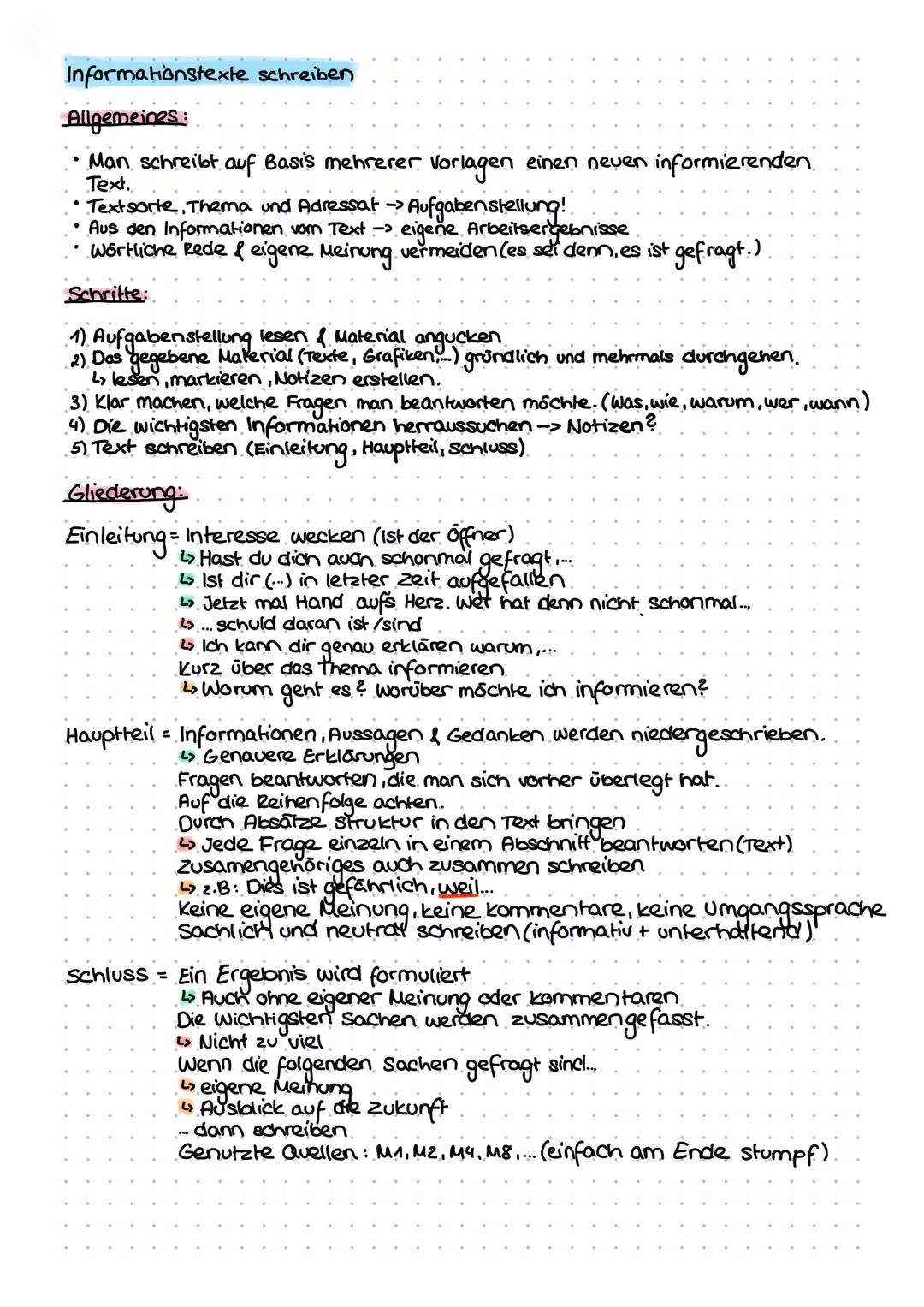 Informationstexte schreiben
Allgemeines:
Man schreibt auf Basis mehrerer Vorlagen einen neuen informierenden
•Textsorte, Thema und Adressat 
