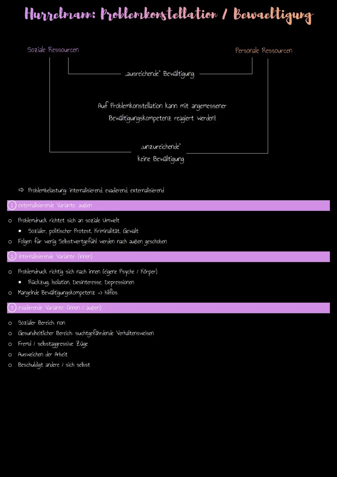 Hurrelmam: Problemkonstellation / Bewaeltigung
Soziale Ressourcen
1) externalisierende Variante: außen
Auf Problemkonstellation kann mit ang