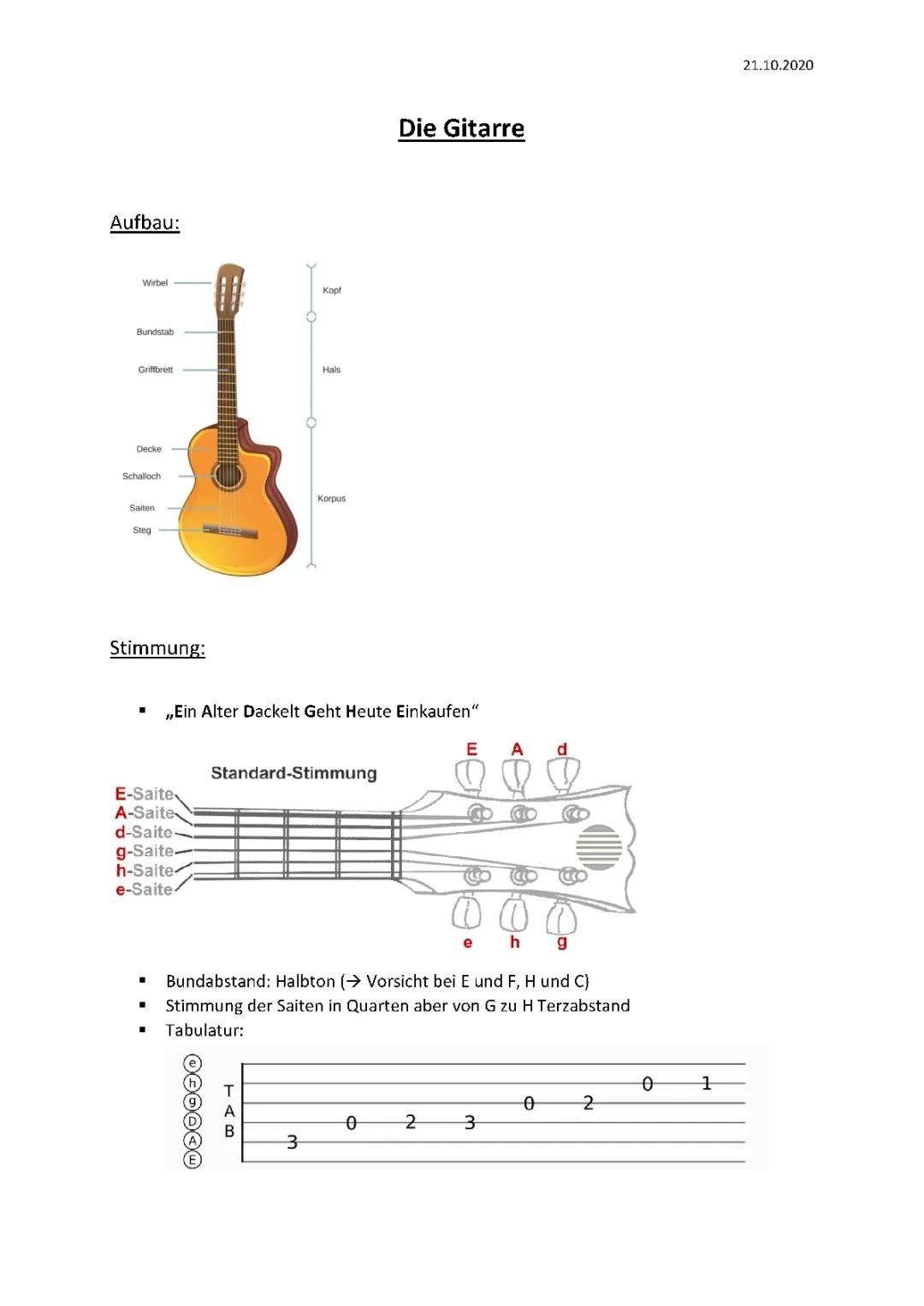 Aufbau einer Gitarre: PDF Arbeitsblatt und Anleitung für Kinder