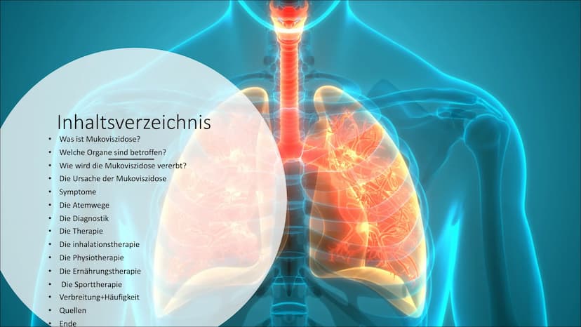 Mukoviszidose
Von Theodora ●
●
●
●
●
●
●
●
●
Inhaltsverzeichnis
Was ist Mukoviszidose?
Welche Organe sind betroffen?
Wie wird die Mukoviszid