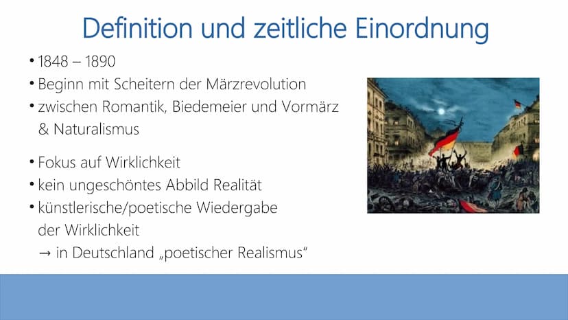 Der Realismus
Eine Literaturepoche Definition und zeitliche Einordnung
●
• 1848 - 1890
Beginn mit Scheitern der Märzrevolution
• zwischen Ro