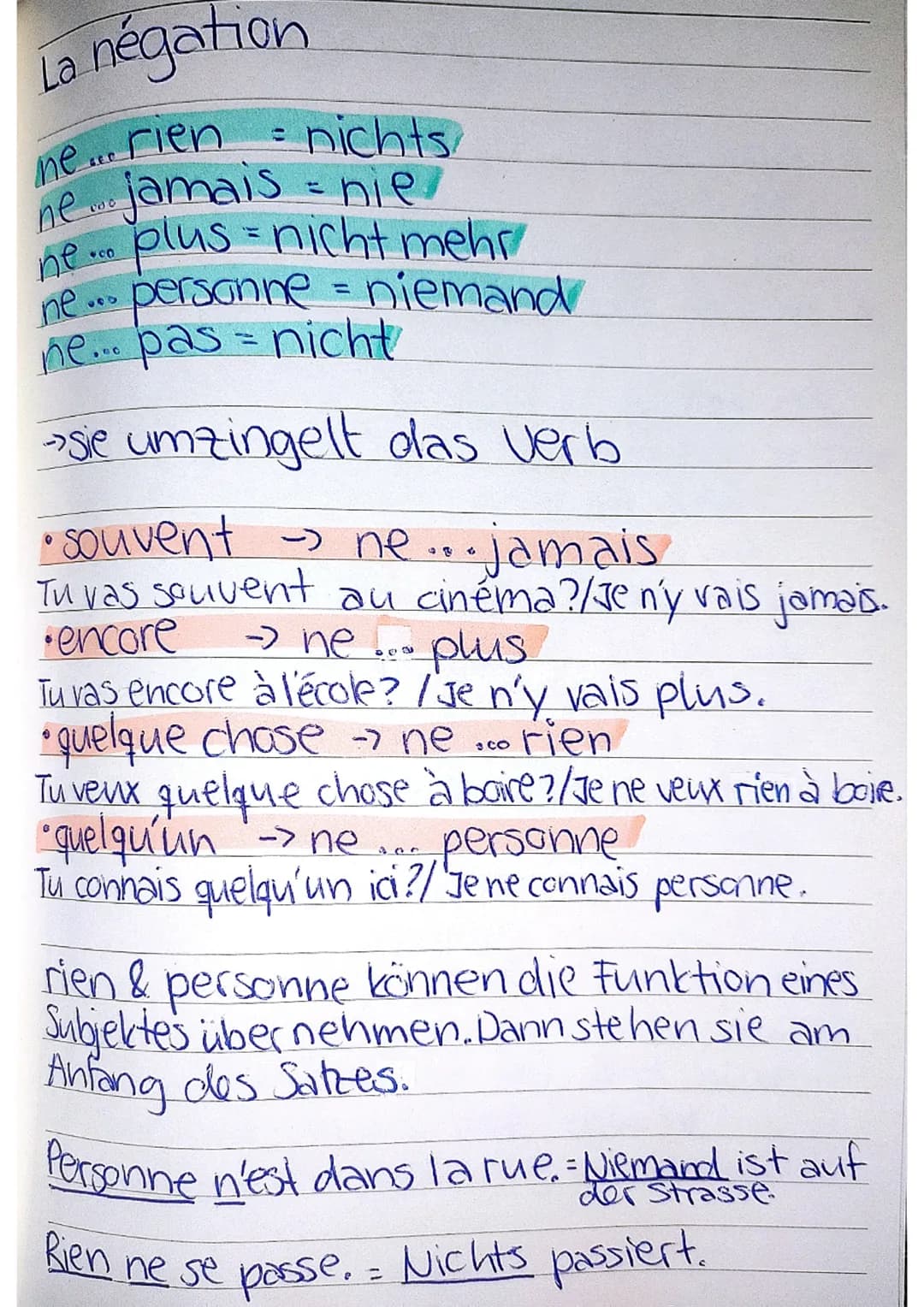 négation
La
me... rien
nichts
ne Ne jamais = nie
ne ... plus = nicht mehr
personne = niemand
ne... pas = nicht
ne
→sie umzingelt das verb
00