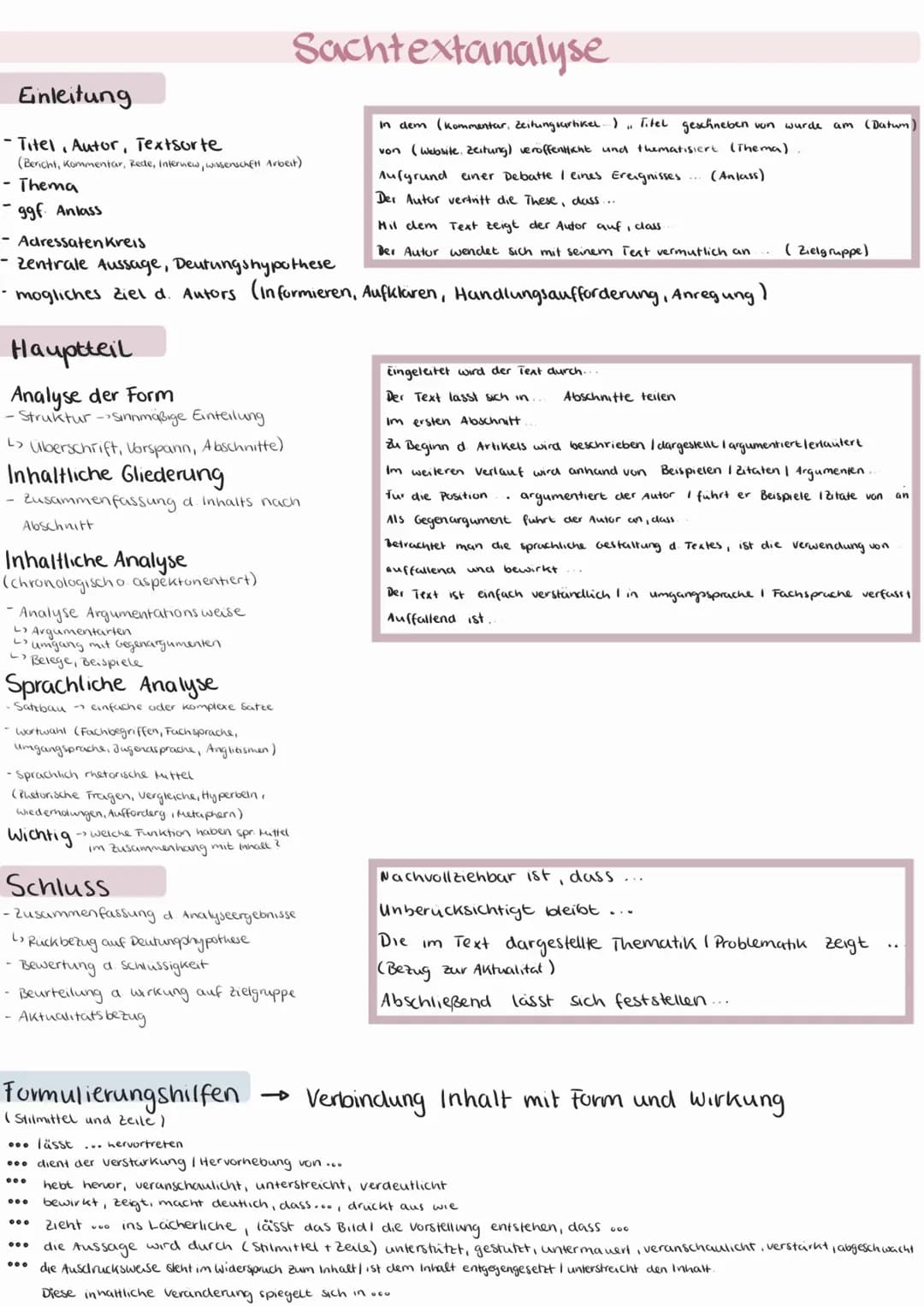 Einleitung
-Titel, Autor, Textsorte
(Bericht, Kommentar, Rede, Internew, wissenschaftl Arbeit)
- Thema
ggf. Anlass
Hauptteil
Analyse der For
