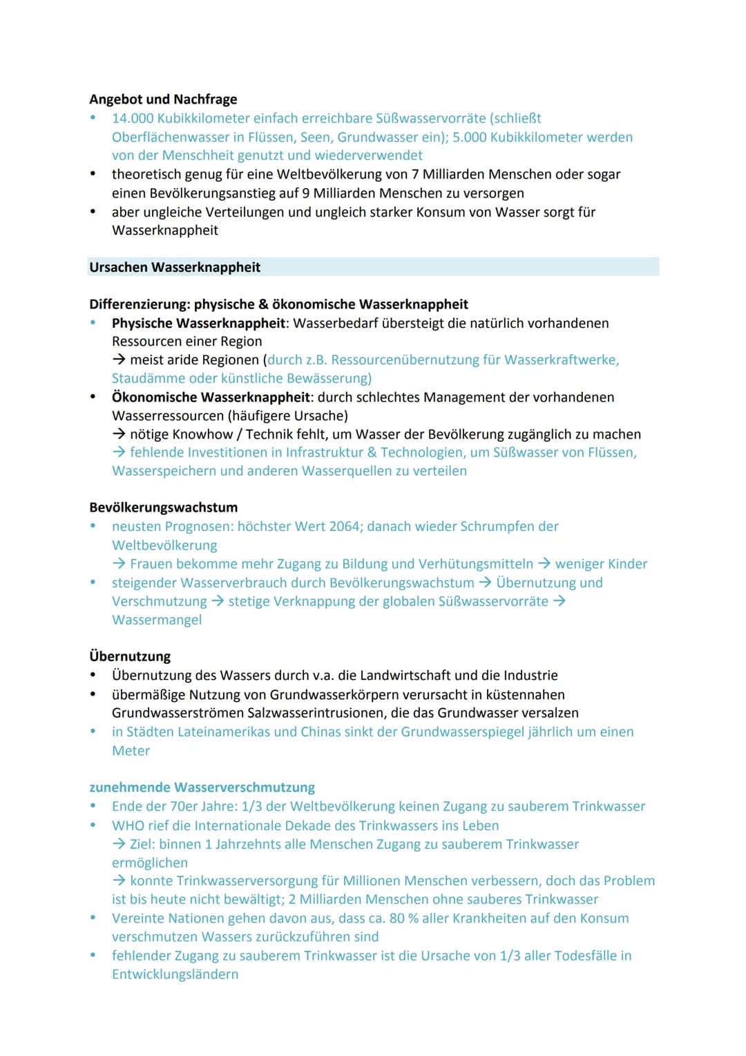 Notizen - mündliches Abitur
Geographie: Wasser- eine elementare Ressource als Konfliktherd der
Zukunft?
1. Einstieg
2. Leitfrage
3. Süßwasse
