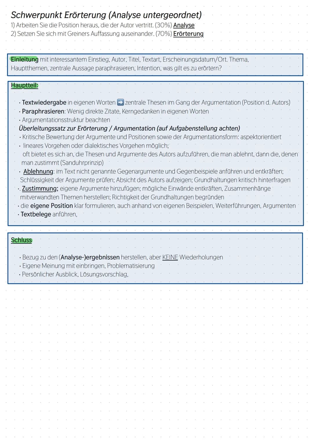 Ablauf einer textgebundenen Erörterung
Auffälliges, Interessantes, Widersprüchliches, Kontroverses notieren
Aufgabenstellung in ihren Teilas