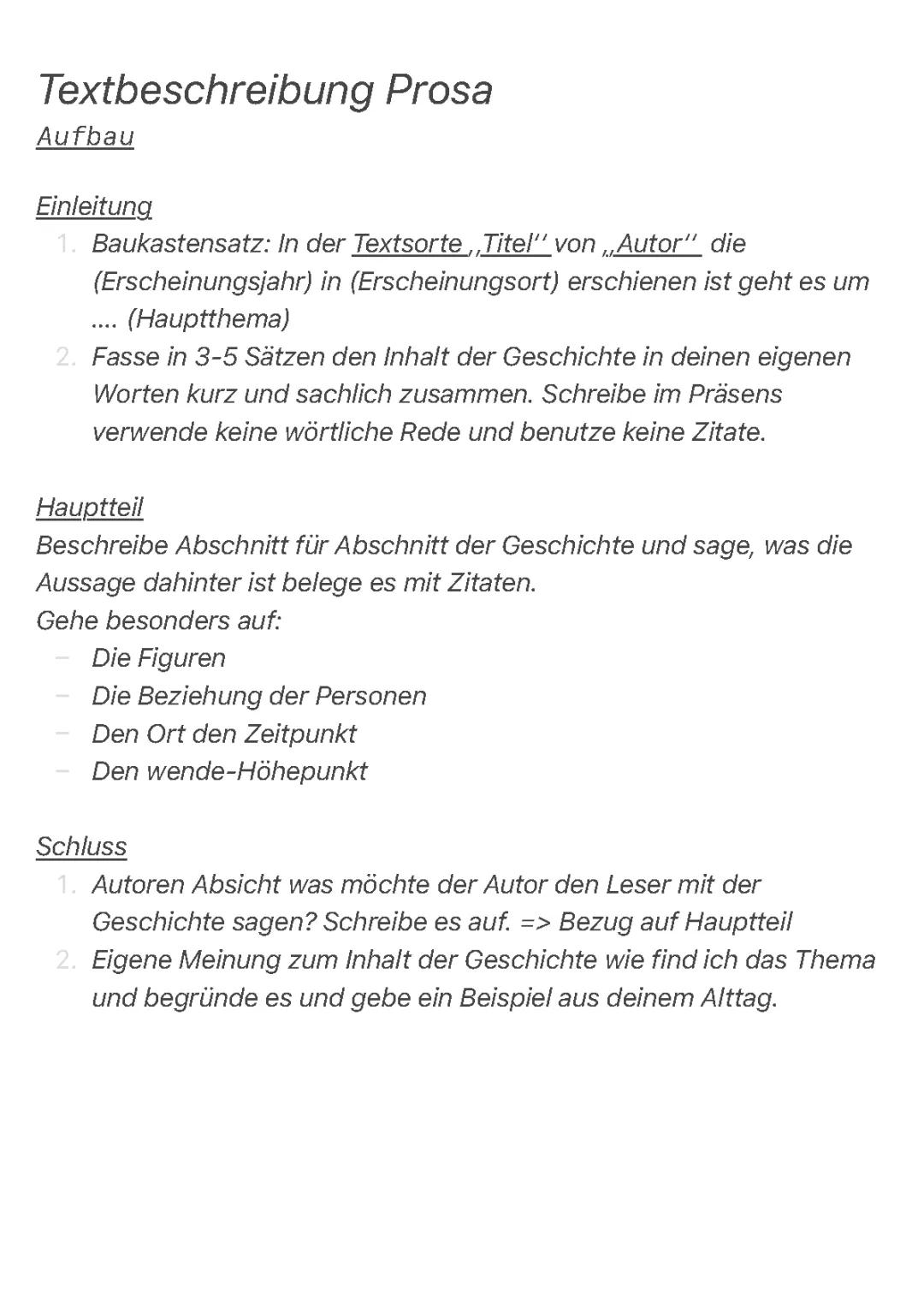 Textbeschreibung Prosa Kurzgeschichte | Klasse 10 Realschule Beispiel & PDF