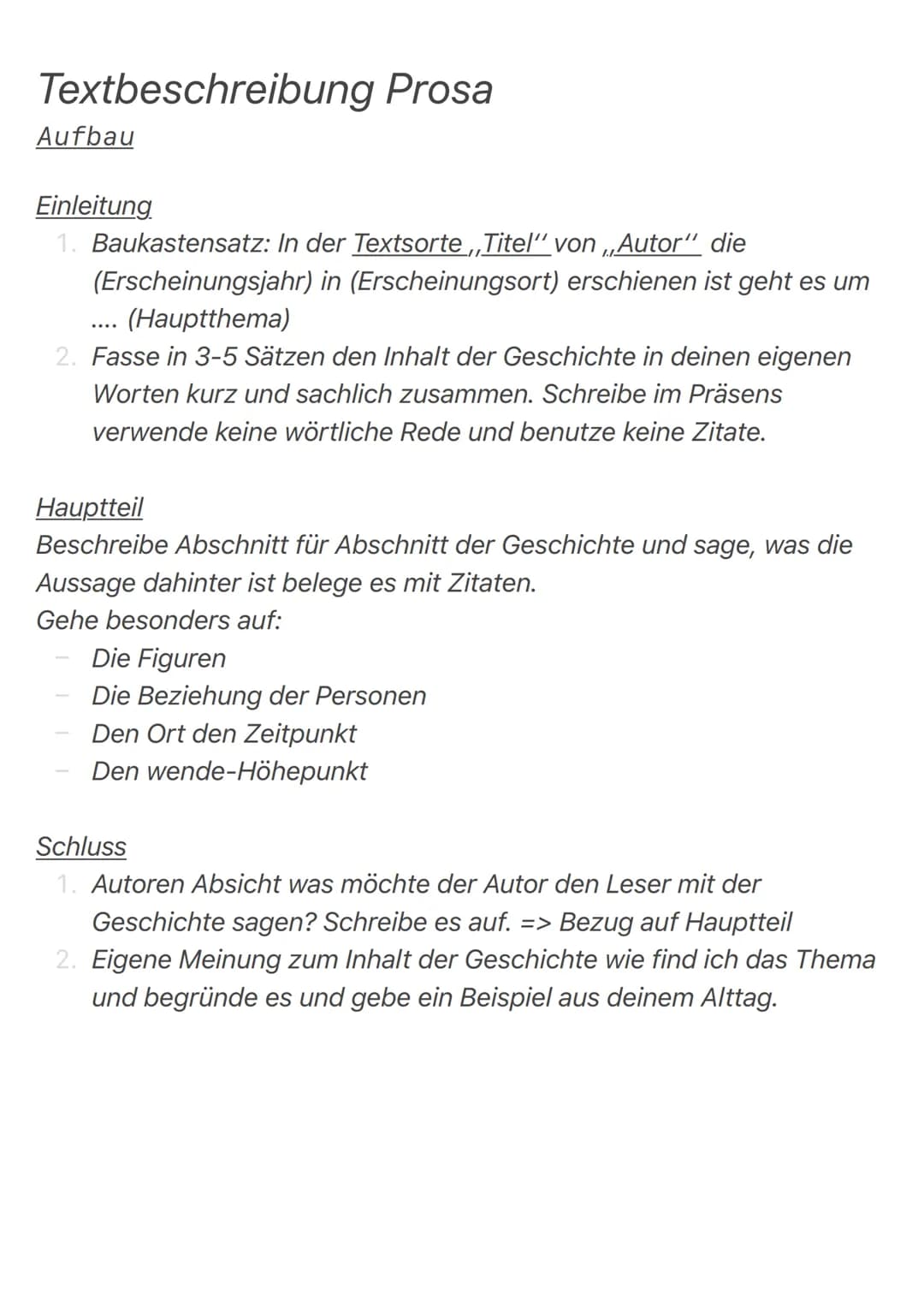 Textbeschreibung Prosa
Aufbau
Einleitung
1. Baukastensatz: In der Textsorte,,Titel“ von „Autor" die
(Erscheinungsjahr) in (Erscheinungsort) 