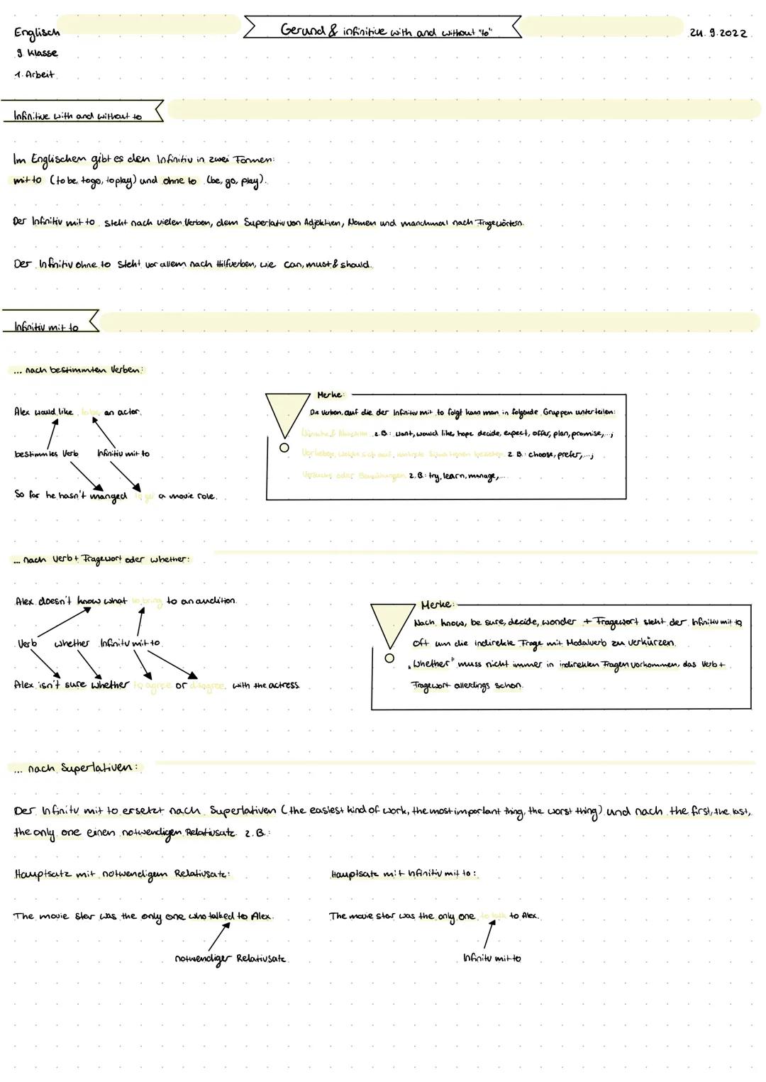 Englisch
9. klasse
1. Arbeit
Infinitive with and without to
Im Englischen gibt es den Infinitiv in zwei Formen:
mit to (to be togo, to play)