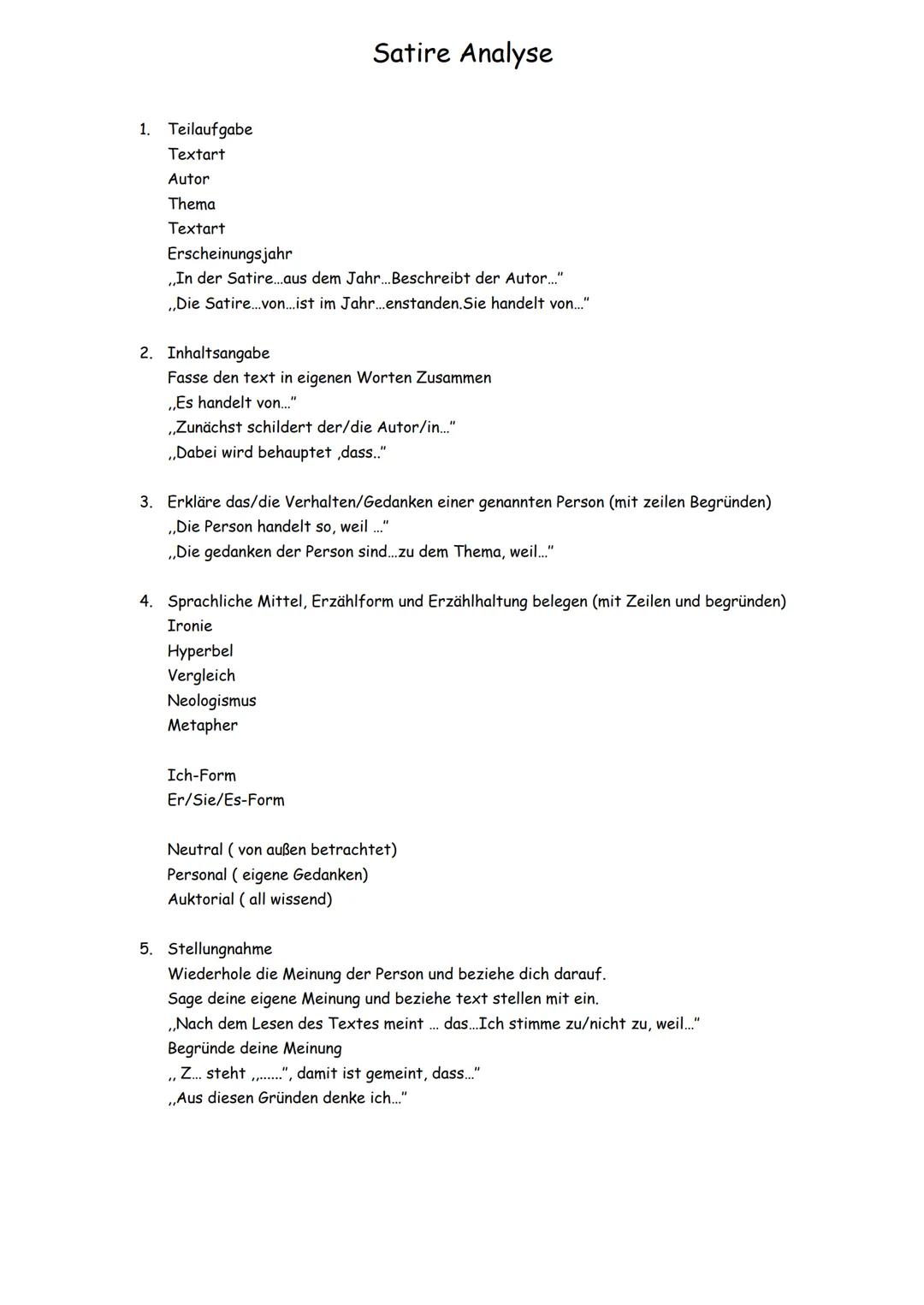 1. Teilaufgabe
Textart
Autor
Thema
Textart
Satire Analyse
Erscheinungsjahr
,,In der Satire...aus dem Jahr... Beschreibt der Autor..."
,,Die 