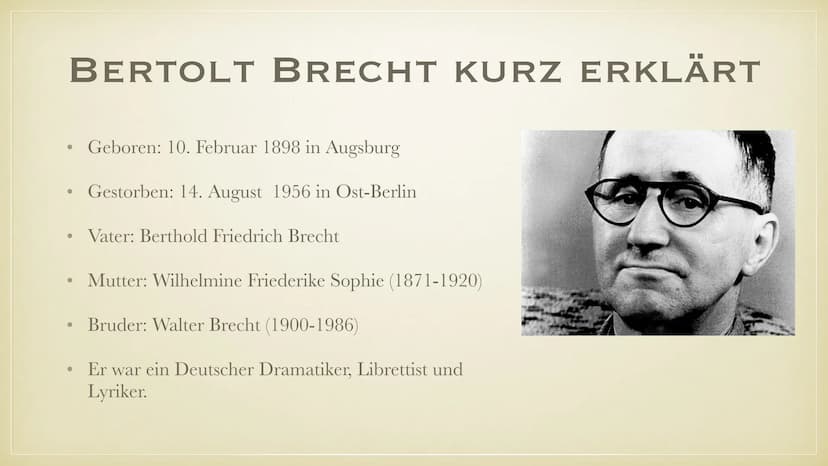 BERTOLT BRECHT
BIOGRAFIE • Bertolt Brecht kurz erklärt
●
Familie
Kindheit und Jugend
Studium und Militärdienst
●
●
●
• Werke
●
INHALT
Politi