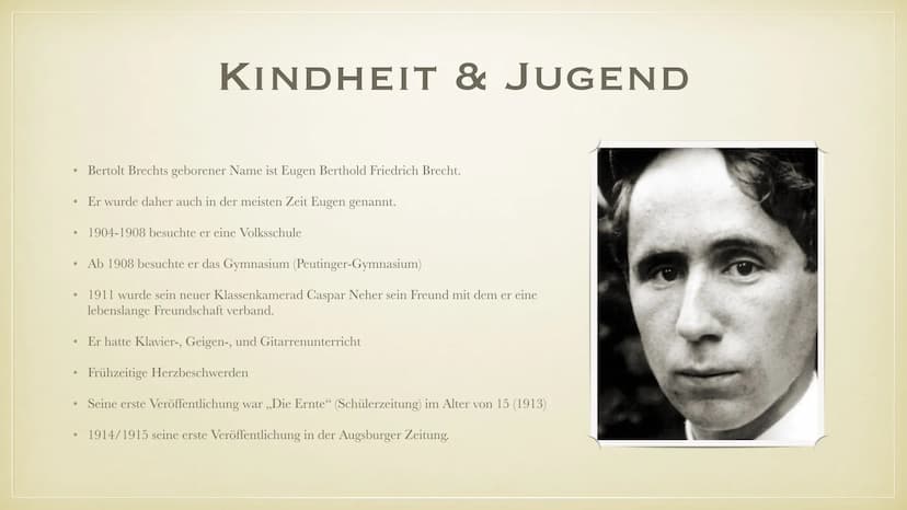 BERTOLT BRECHT
BIOGRAFIE • Bertolt Brecht kurz erklärt
●
Familie
Kindheit und Jugend
Studium und Militärdienst
●
●
●
• Werke
●
INHALT
Politi
