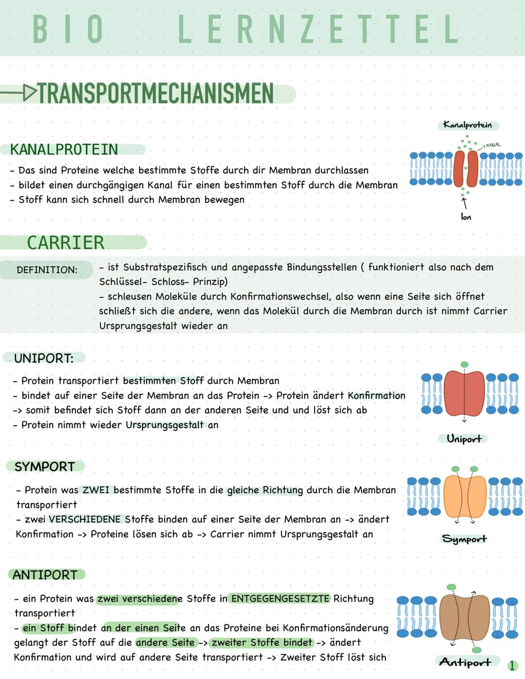 # BIO

# LERNZETTEL

►TRANSPORTMECHANISMEN

Kanalprotein

KANALPROTEIN

- Das sind Proteine welche bestimmte Stoffe durch dir Membran durchl