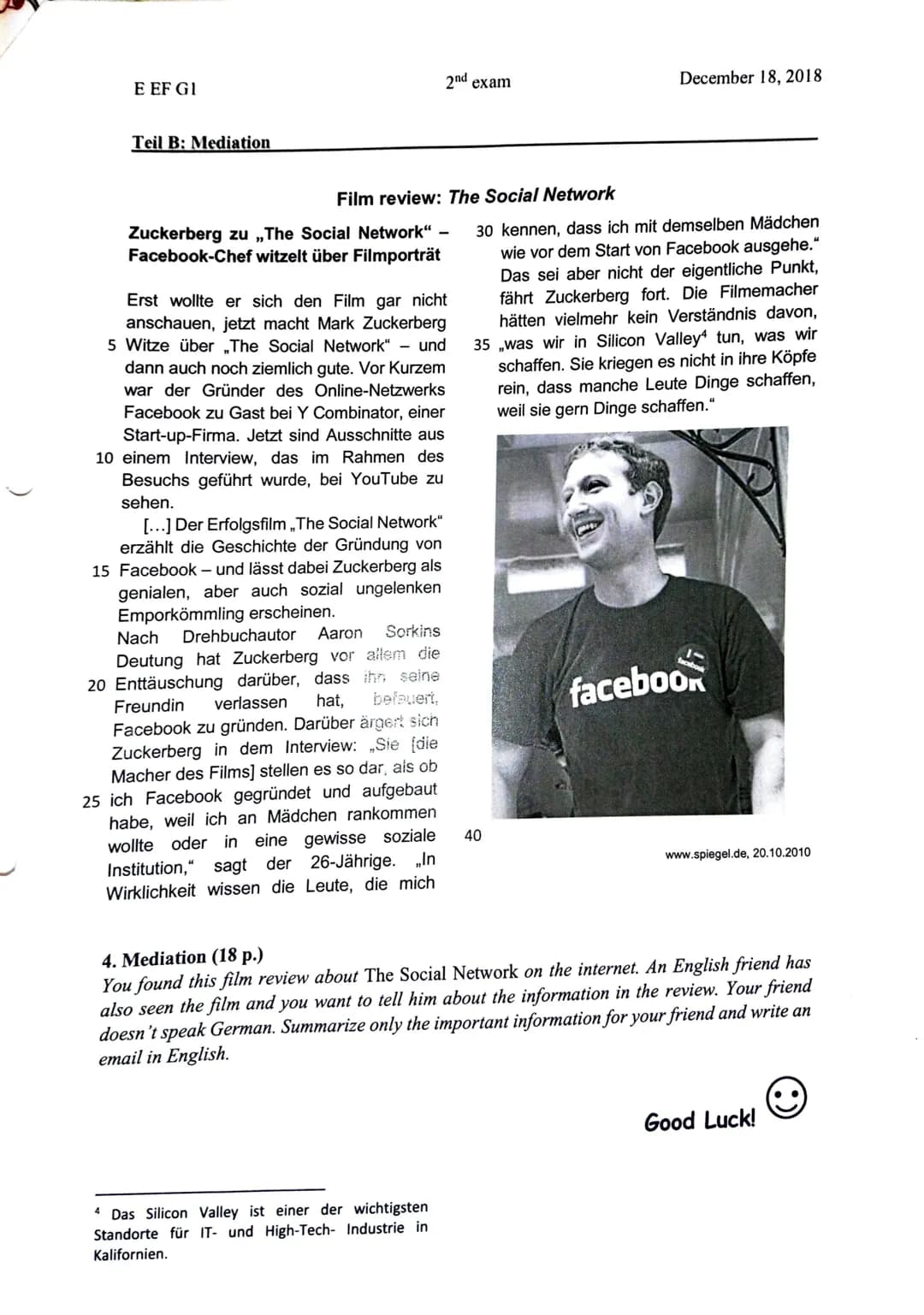 E EF G1
2nd exam
Teil A: Lese- und Schreibkompetenz integriert
Young people post vast amounts of
information about themselves online often
t