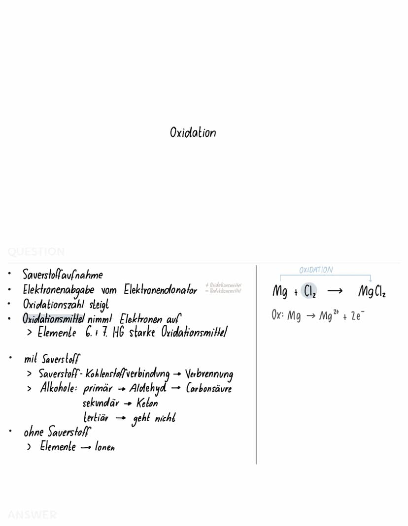 QUESTION
=
- Redoxreaktion ist eine Elektronenübergangsreaktion
gliedert sich in Oxidation und Reduktion
OXIDATION
Mg + Cl₂ → MgCl₂
REDUKTIO