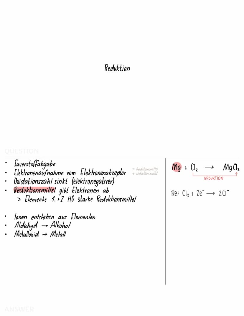 QUESTION
=
- Redoxreaktion ist eine Elektronenübergangsreaktion
gliedert sich in Oxidation und Reduktion
OXIDATION
Mg + Cl₂ → MgCl₂
REDUKTIO