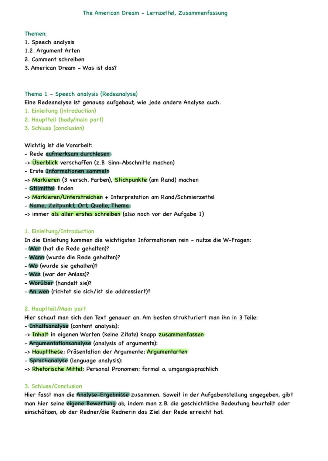 The American Dream Lernzettel, Zusammenfassung
Themen:
1. Speech analysis
1.2. Argument Arten
2. Comment schreiben
3. American Dream - Was i