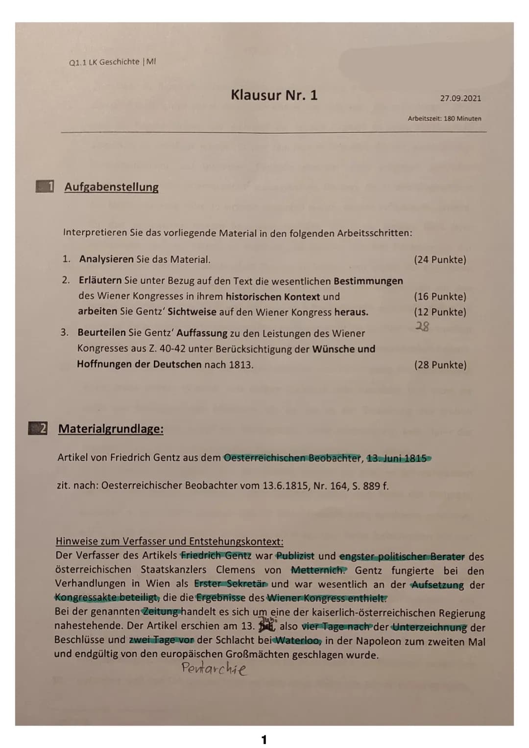 Geschichte-Klausur über den Wiener Kongress und Deutschen Bund