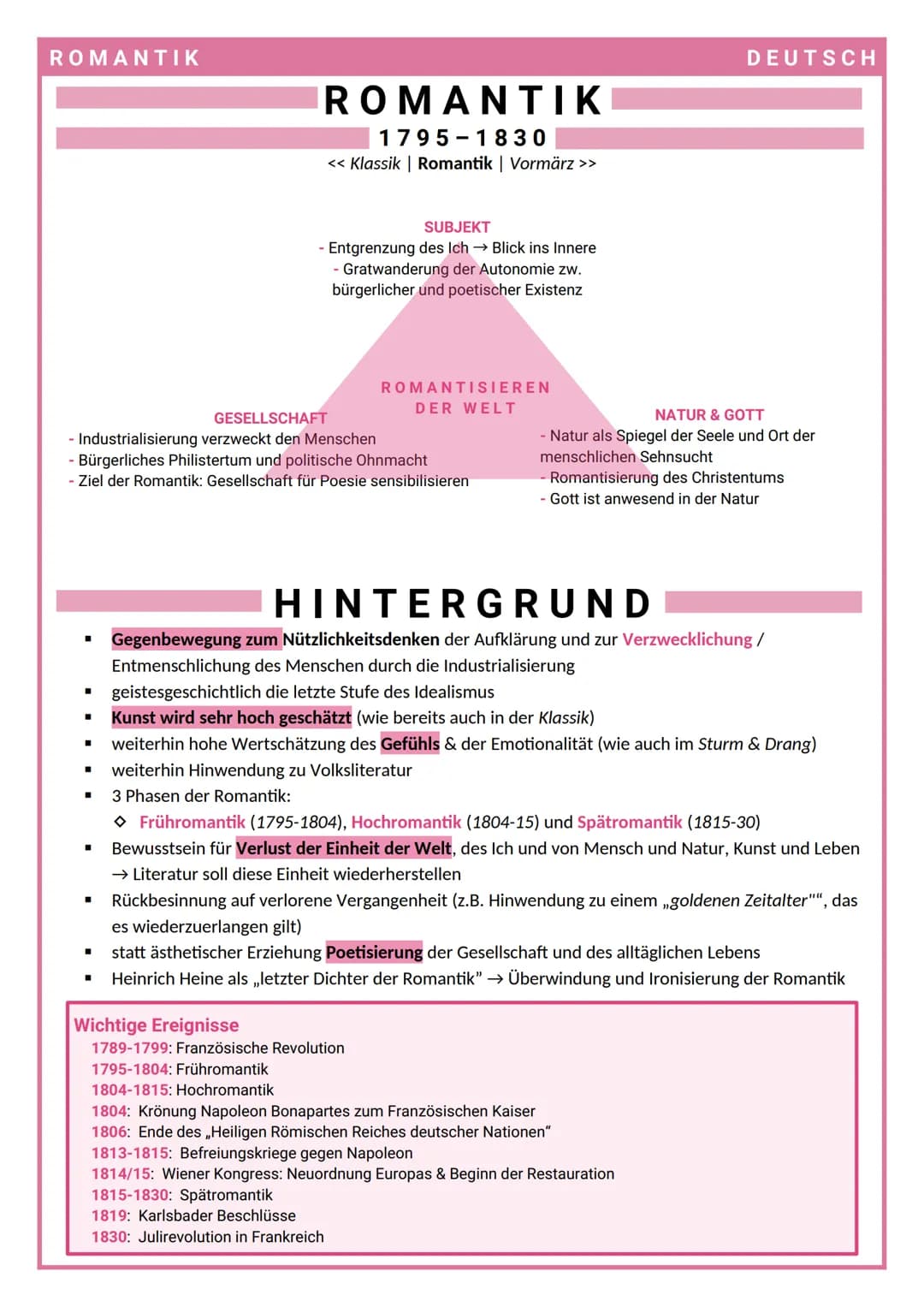 ROMANTIK
■
GESELLSCHAFT
- Industrialisierung verzweckt den Menschen
- Bürgerliches Philistertum und politische Ohnmacht
- Ziel der Romantik: