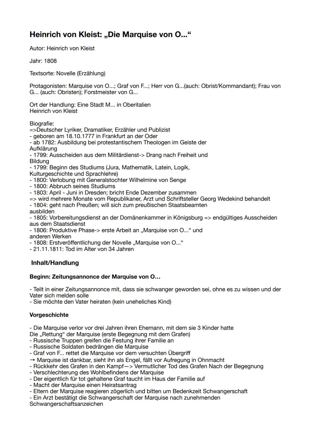 Heinrich von Kleist: „Die Marquise von O..."

Autor: Heinrich von Kleist

Jahr: 1808

Textsorte: Novelle (Erzählung)

Protagonisten: Marquis