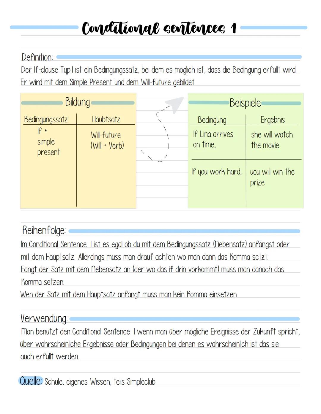 # Conditional sentences 1

Definition:
Der If-clause Typ l ist ein Bedingungssatz, bei dem es möglich ist, dass die Bedingung erfüllt wird.
