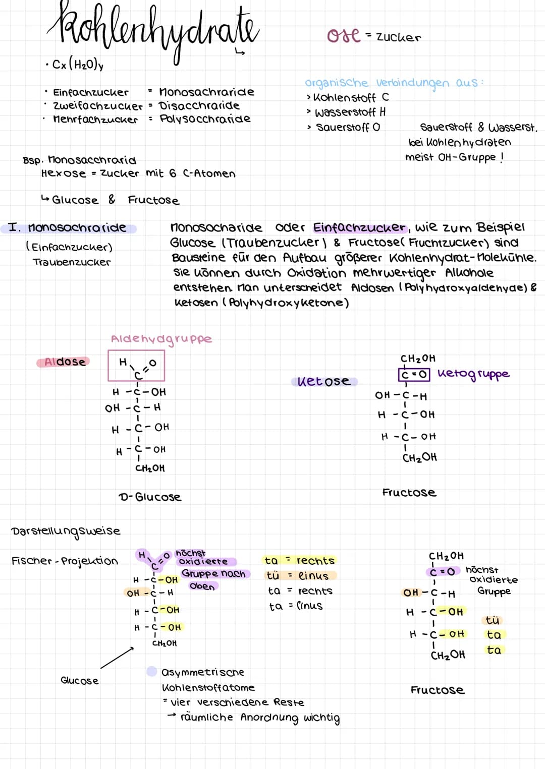 Kohlenhydrate
= Monosachraride
= Disaccharide
= Polysaccharide
• Einfachzucker
Zweifachzucker
Mehrfachzucker
Bsp. Monosacchraria
Hexose = Zu