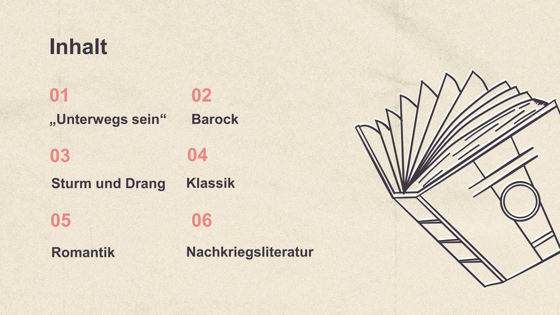 Unterwegs sein
Lyrik vom Barock bis zur
Gegenwart Inhalt
01
,,Unterwegs sein"
03
Sturm und Drang
05
Romantik
02
Barock
04
Klassik
06
Nachkri