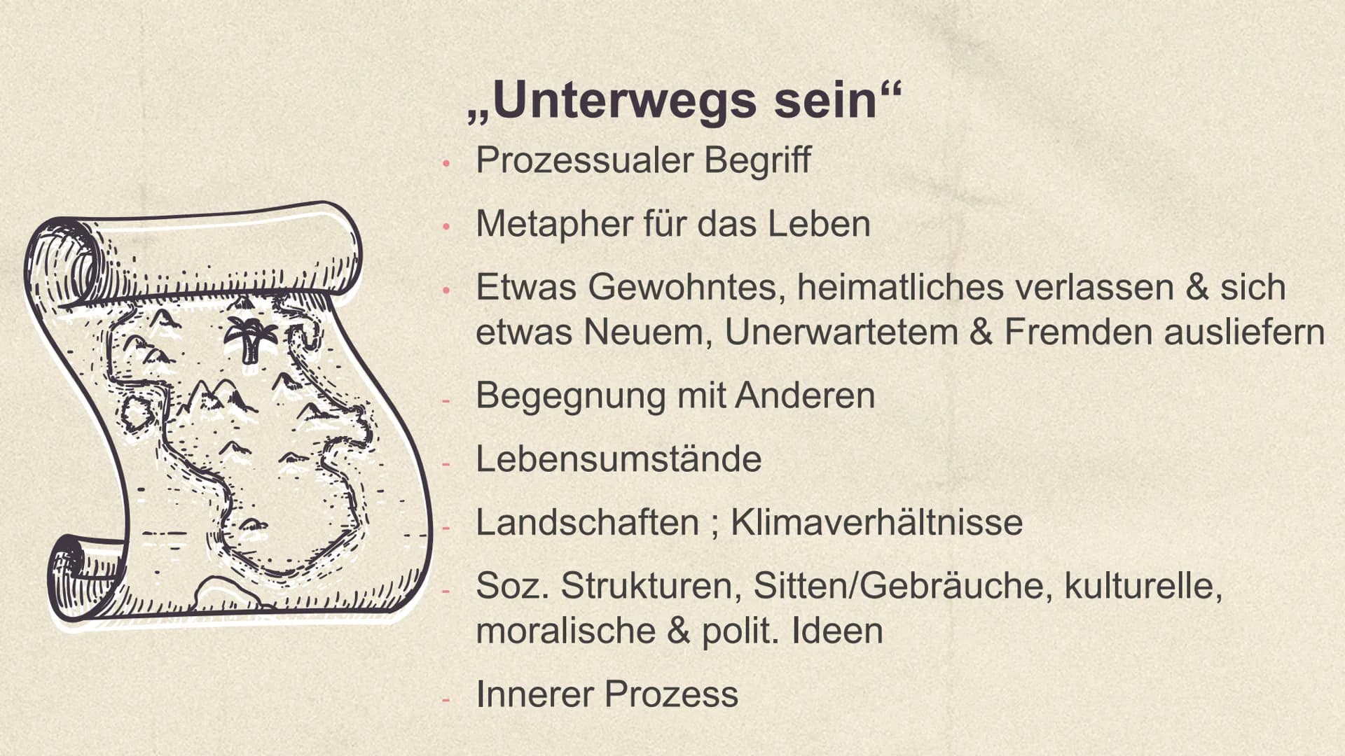 Unterwegs sein
Lyrik vom Barock bis zur
Gegenwart Inhalt
01
,,Unterwegs sein"
03
Sturm und Drang
05
Romantik
02
Barock
04
Klassik
06
Nachkri