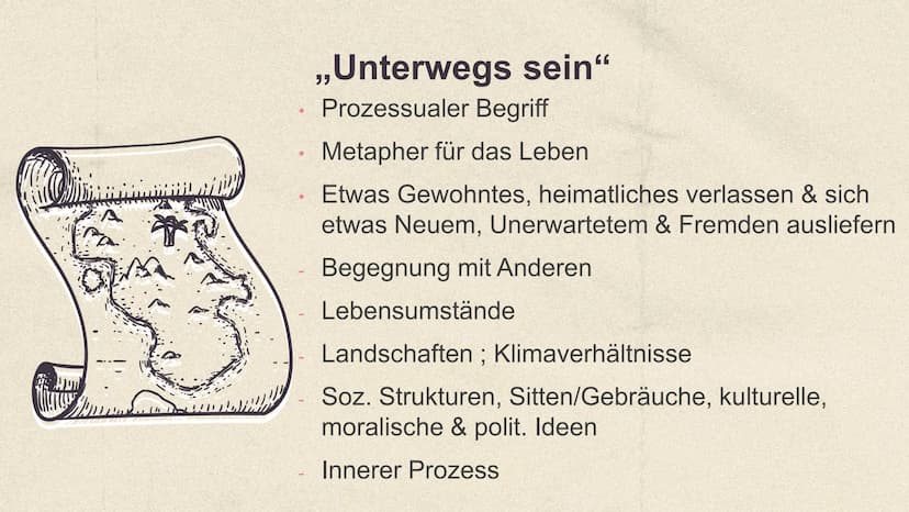 Unterwegs sein
Lyrik vom Barock bis zur
Gegenwart Inhalt
01
,,Unterwegs sein"
03
Sturm und Drang
05
Romantik
02
Barock
04
Klassik
06
Nachkri