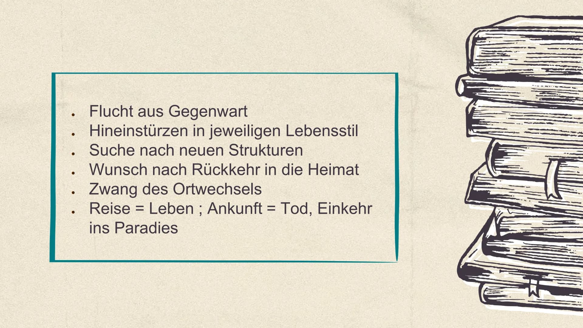 Unterwegs sein
Lyrik vom Barock bis zur
Gegenwart Inhalt
01
,,Unterwegs sein"
03
Sturm und Drang
05
Romantik
02
Barock
04
Klassik
06
Nachkri