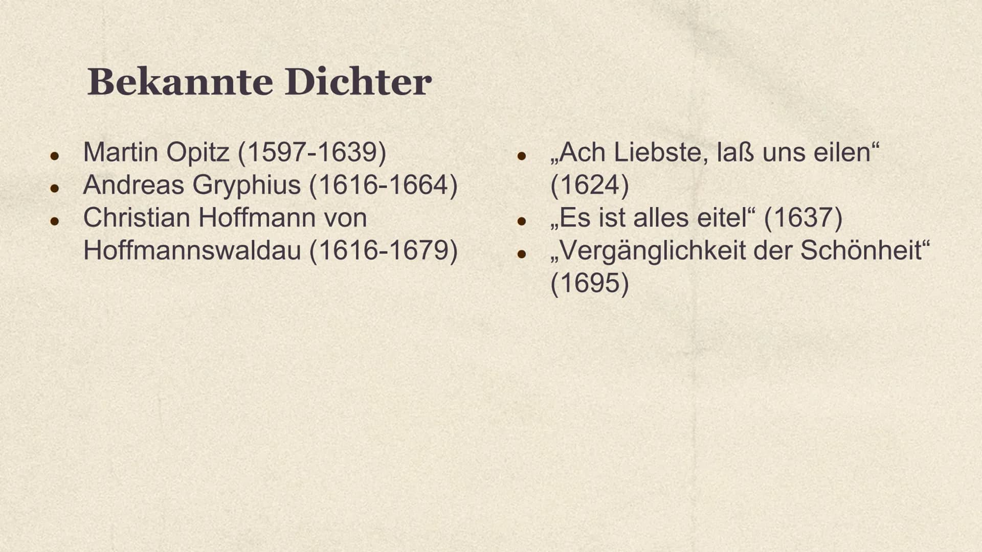 Unterwegs sein
Lyrik vom Barock bis zur
Gegenwart Inhalt
01
,,Unterwegs sein"
03
Sturm und Drang
05
Romantik
02
Barock
04
Klassik
06
Nachkri