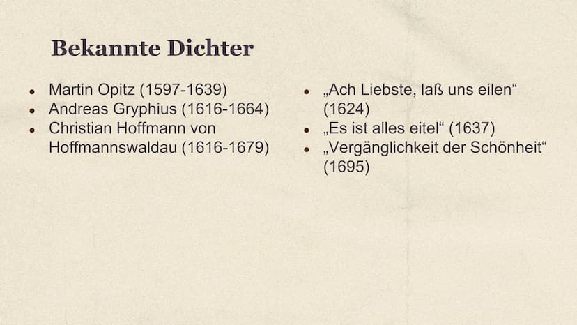 Unterwegs sein
Lyrik vom Barock bis zur
Gegenwart Inhalt
01
,,Unterwegs sein"
03
Sturm und Drang
05
Romantik
02
Barock
04
Klassik
06
Nachkri