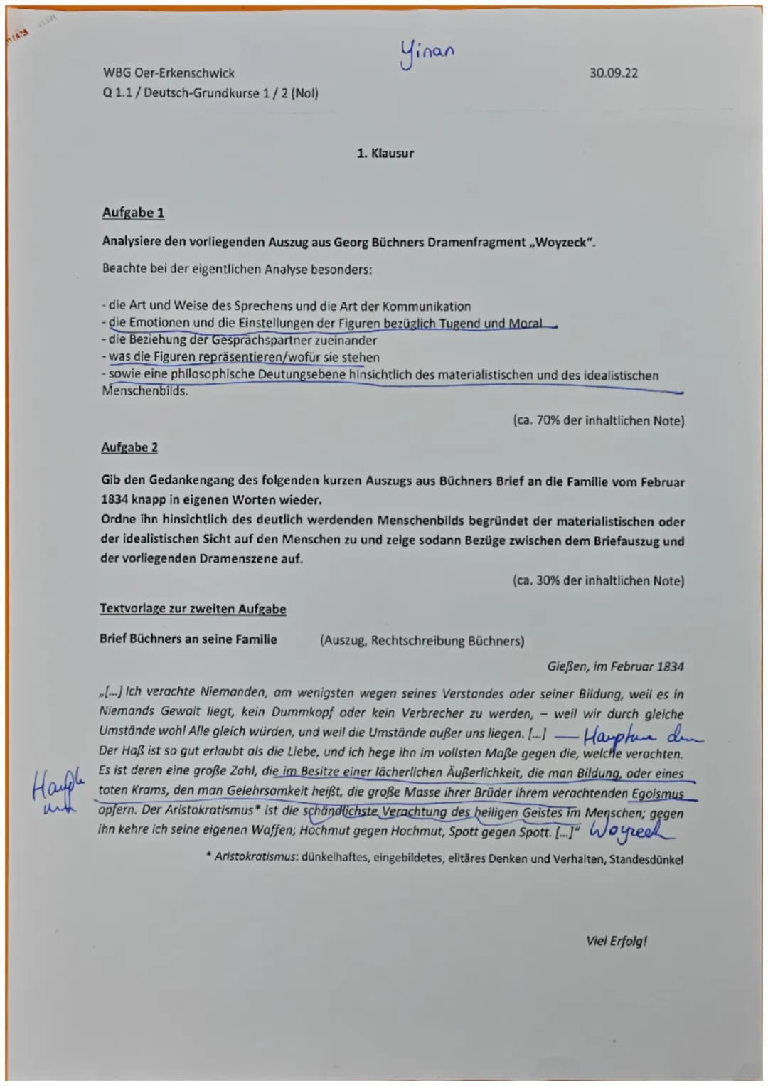 hearan
Hauple
aut
WBG Oer-Erkenschwick
Q 1.1 / Deutsch-Grundkurse 1/2 (Nol)
Yinan
1. Klausur
Aufgabe 1
Analysiere den vorliegenden Auszug au