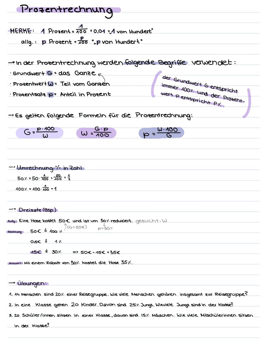 Prozentrechnung
MERKE: 1 Prozent = 100 = 0,01 = 1 von Hundert
100=
allg.: p Prozent = 100 ""P von Hundert"
- In der Prozentrechnung werden f