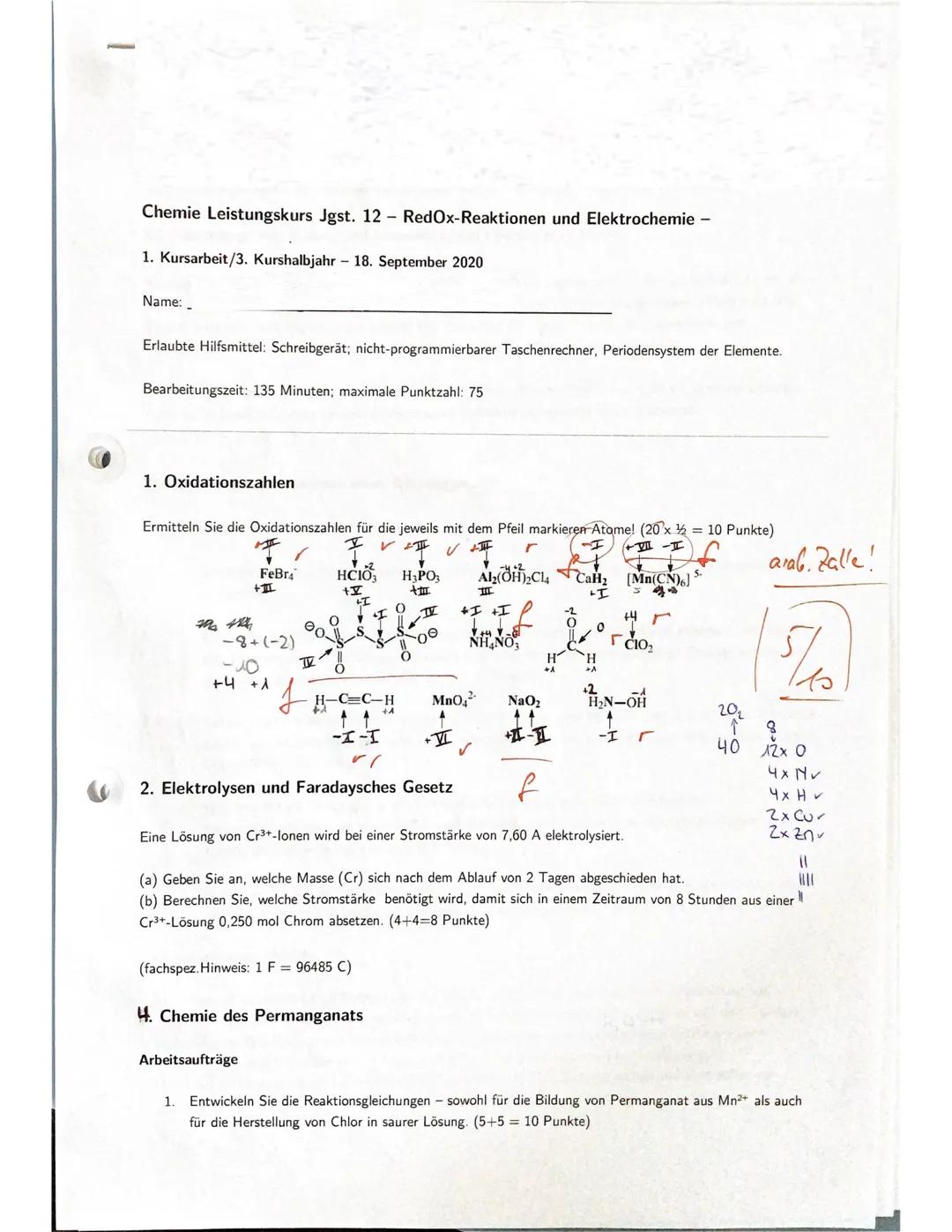 Chemie Leistungskurs Jgst. 12 - RedOx-Reaktionen und Elektrochemie -
1. Kursarbeit/3. Kurshalbjahr - 18. September 2020
Name: _
Erlaubte Hil