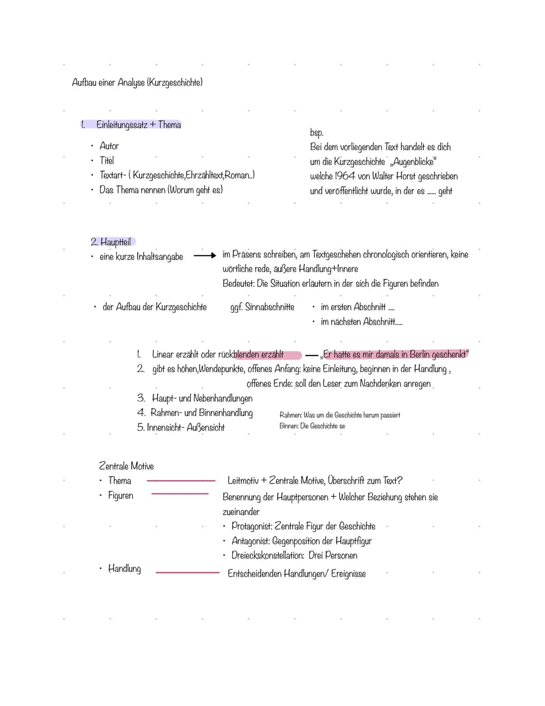 Aufbau einer Analyse (Kurzgeschichte)
1. Einleitungssatz + Thema
Autor
Titel
Textart- (Kurzgeschichte, Ehrzähltext, Roman..)
Das Thema nenne