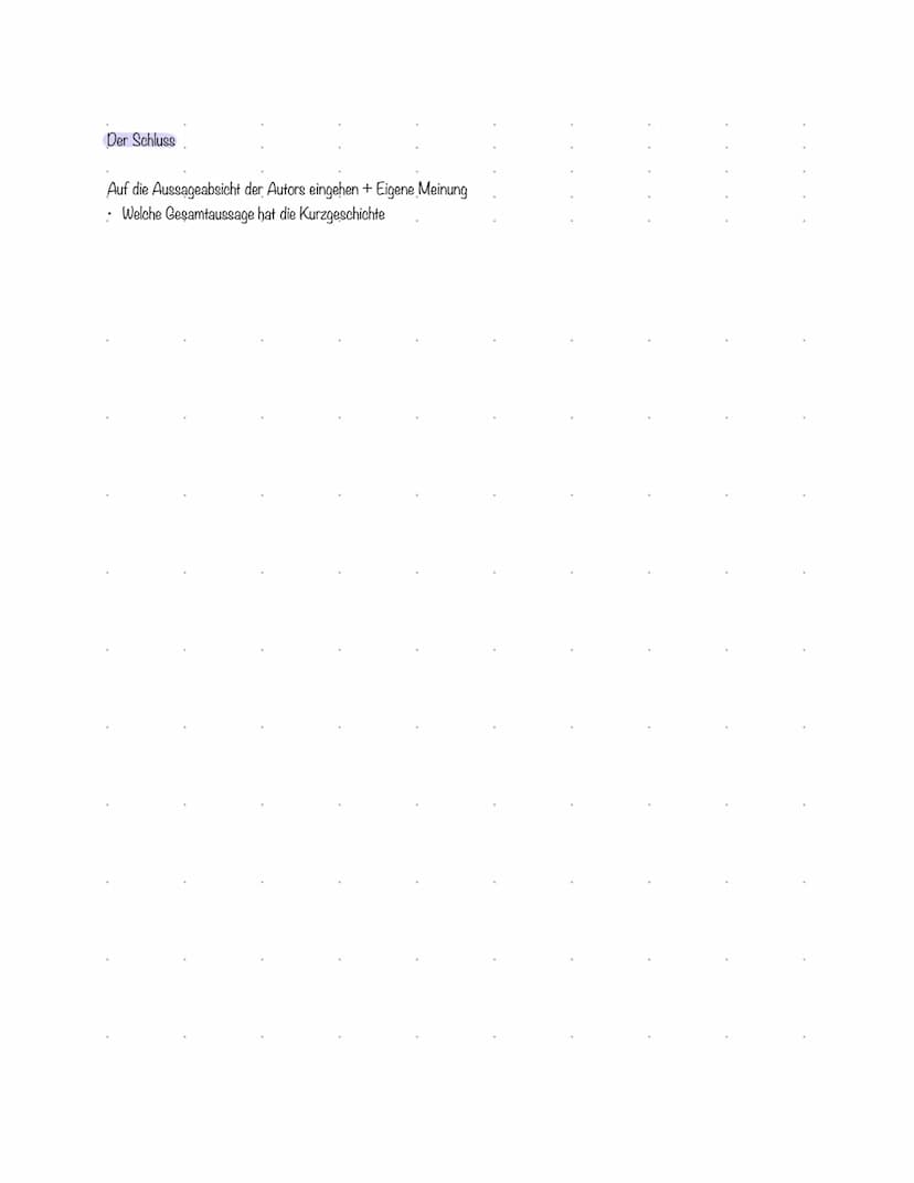 Aufbau einer Analyse (Kurzgeschichte)
1. Einleitungssatz + Thema
Autor
Titel
Textart- (Kurzgeschichte, Ehrzähltext, Roman..)
Das Thema nenne