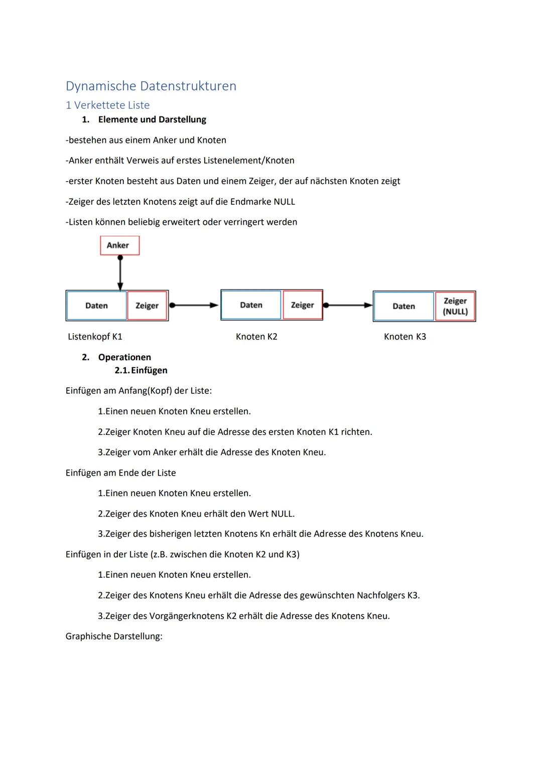 Dynamische Datenstrukturen

1 Verkettete Liste

1. Elemente und Darstellung

-bestehen aus einem Anker und Knoten

-Anker enthält Verweis au