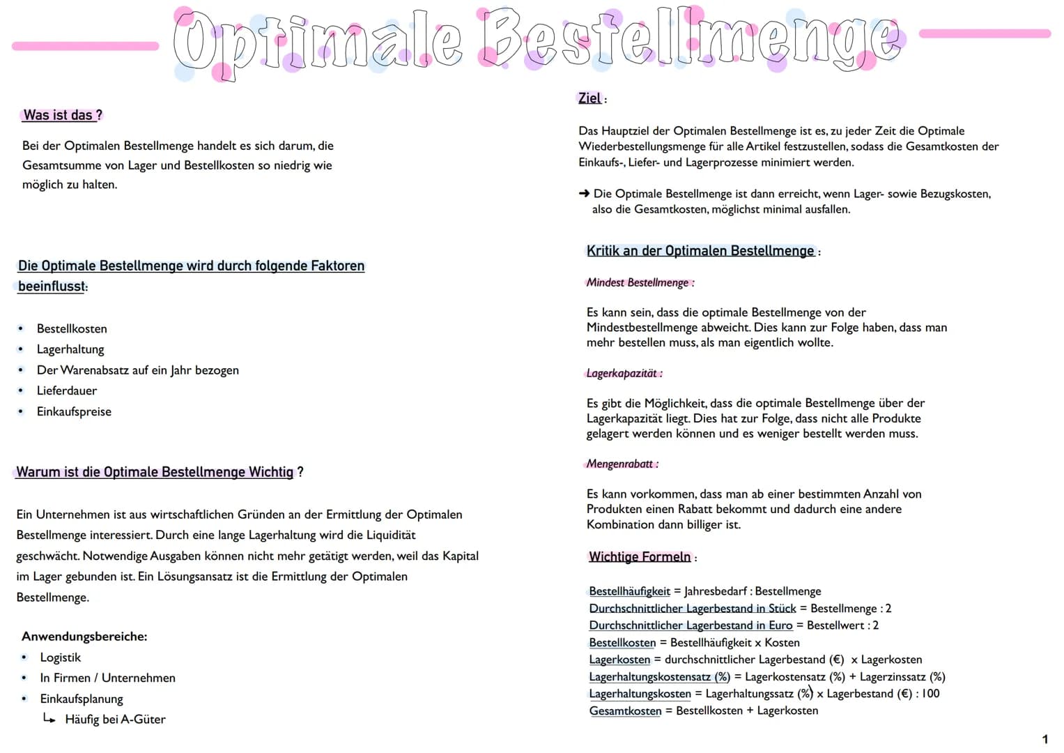 Was ist das ?
Bei der Optimalen Bestellmenge handelt es sich darum, die
Gesamtsumme von Lager und Bestellkosten so niedrig wie
möglich zu ha