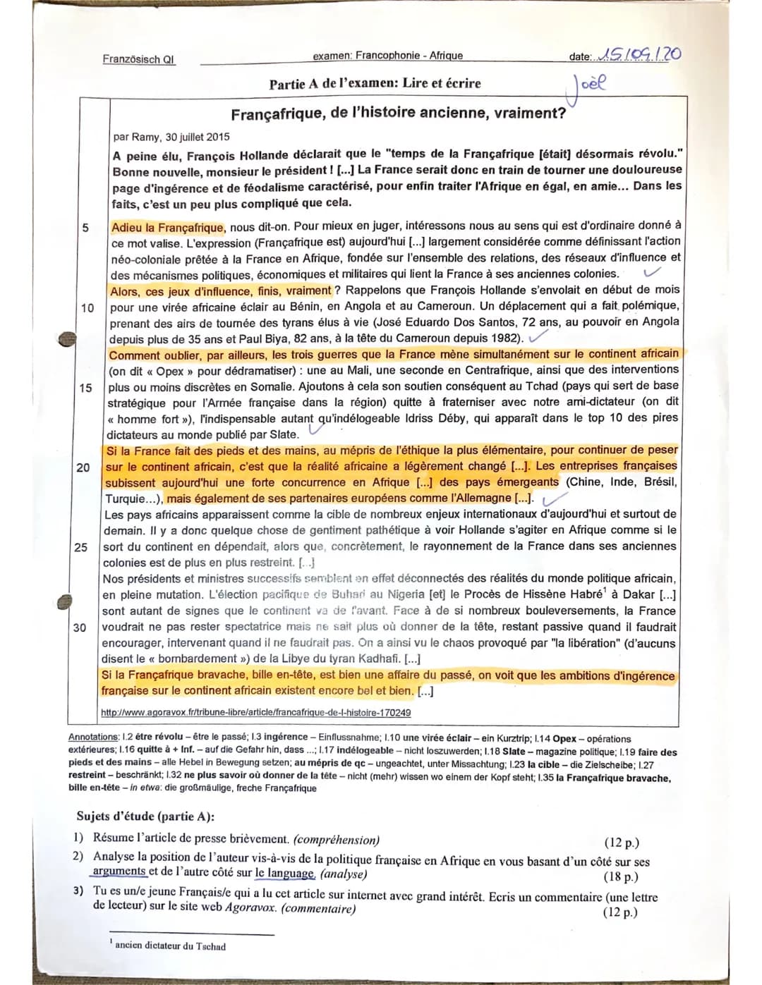 5
10
15
20
25
30
Französisch QI
date: 15/09/20
Joël
examen: Francophonie - Afrique
Partie A de l'examen: Lire et écrire
Françafrique, de l'h