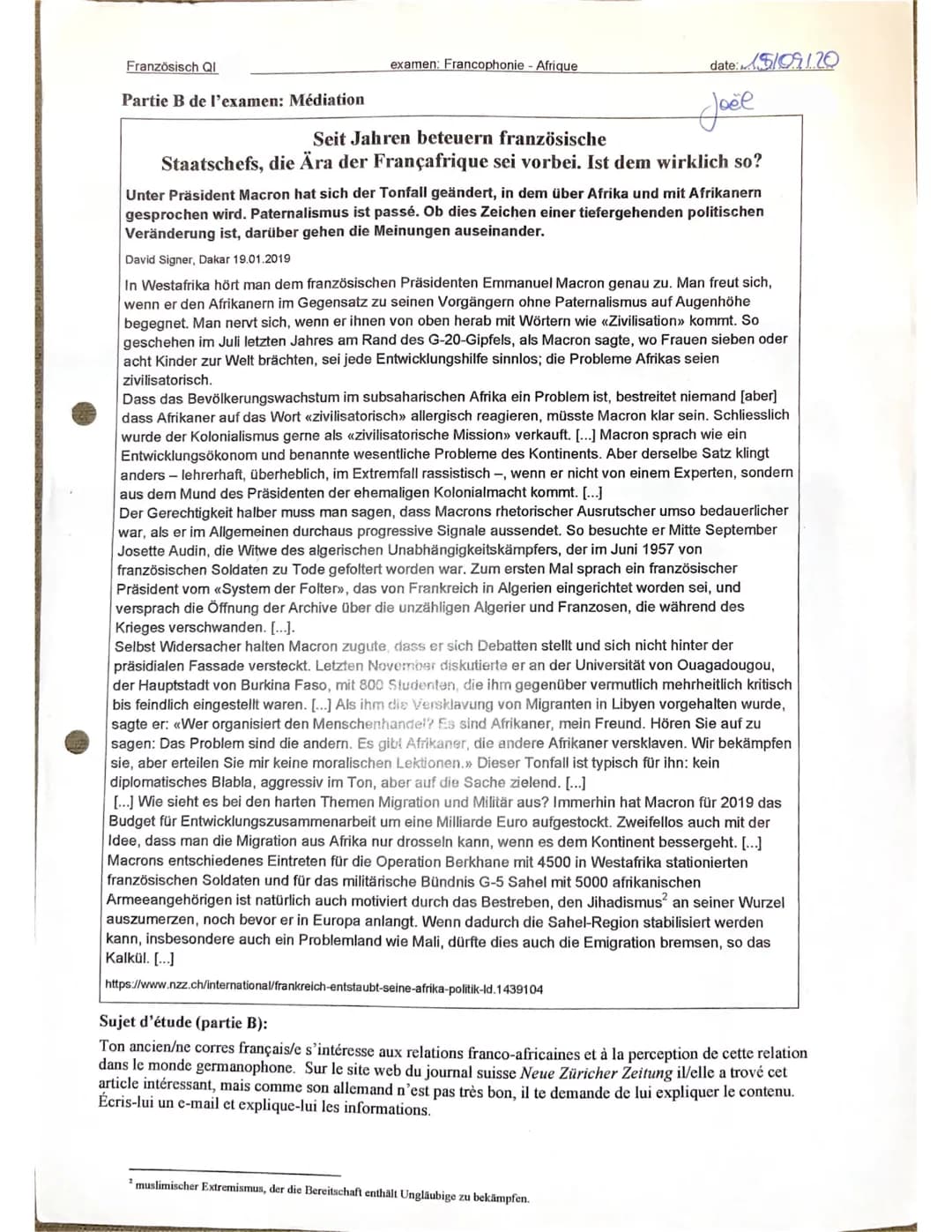 5
10
15
20
25
30
Französisch QI
date: 15/09/20
Joël
examen: Francophonie - Afrique
Partie A de l'examen: Lire et écrire
Françafrique, de l'h