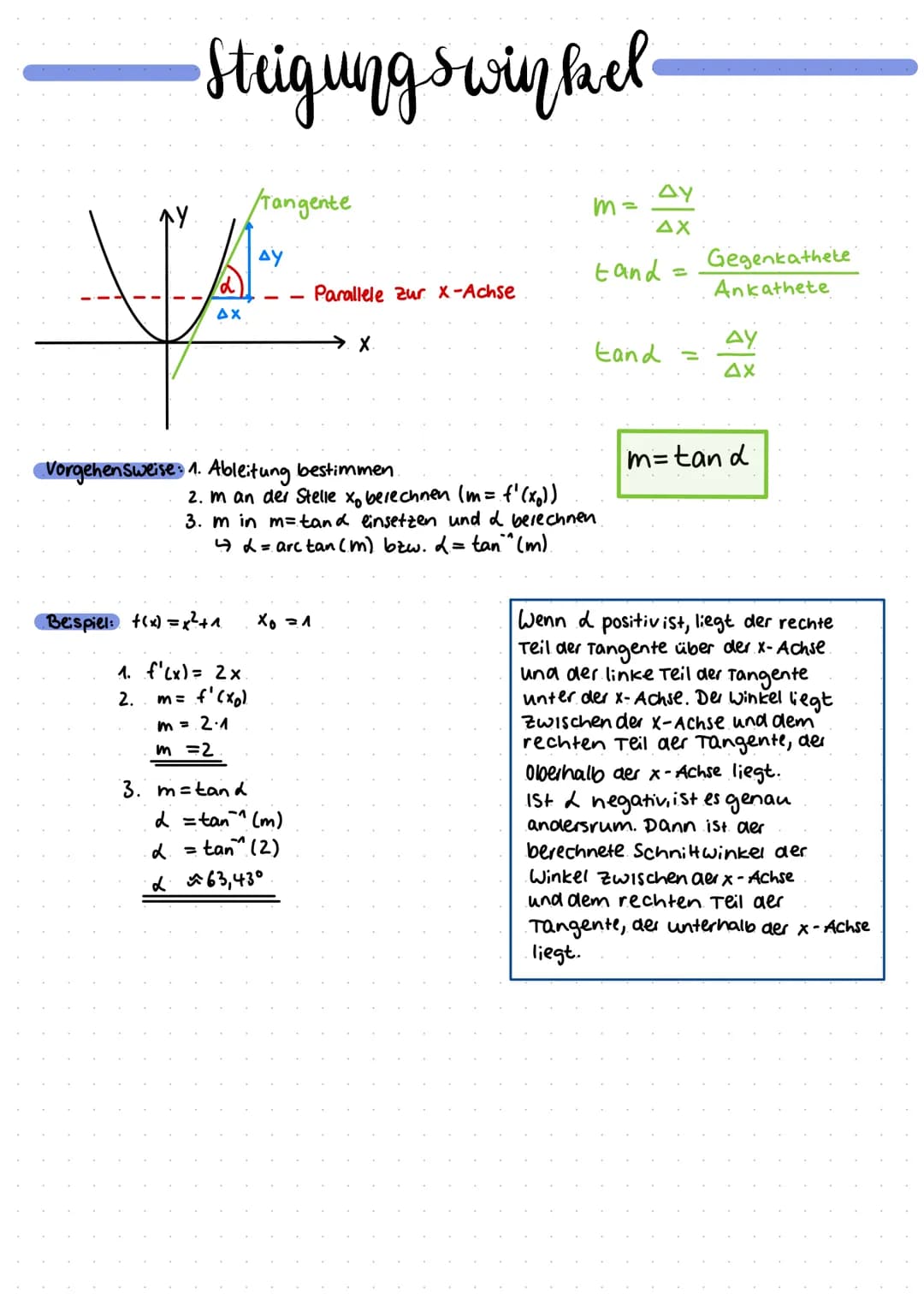 •Steigungs winkel.
AX
/Tangente
Beispiel: f(x) = x² +1
AY
Vorgehensweise: 1. Ableitung bestimmen.
1. f'(x) = 2x
2.
m = f'(xp).
m = 2.1
m = 2