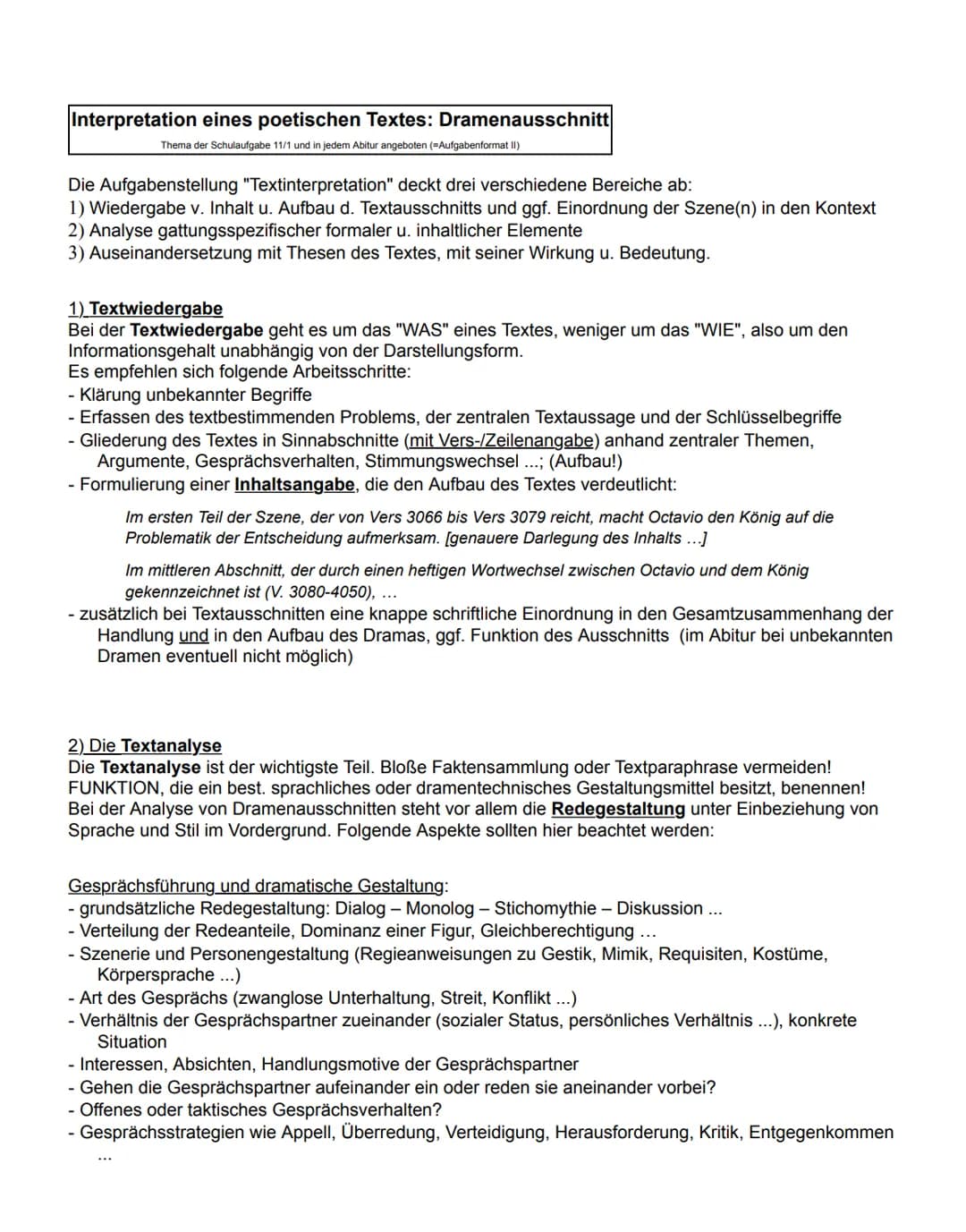 Interpretation eines poetischen Textes: Dramenausschnitt
Thema der Schulaufgabe 11/1 und in jedem Abitur angeboten (=Aufgabenformat II)
Die 