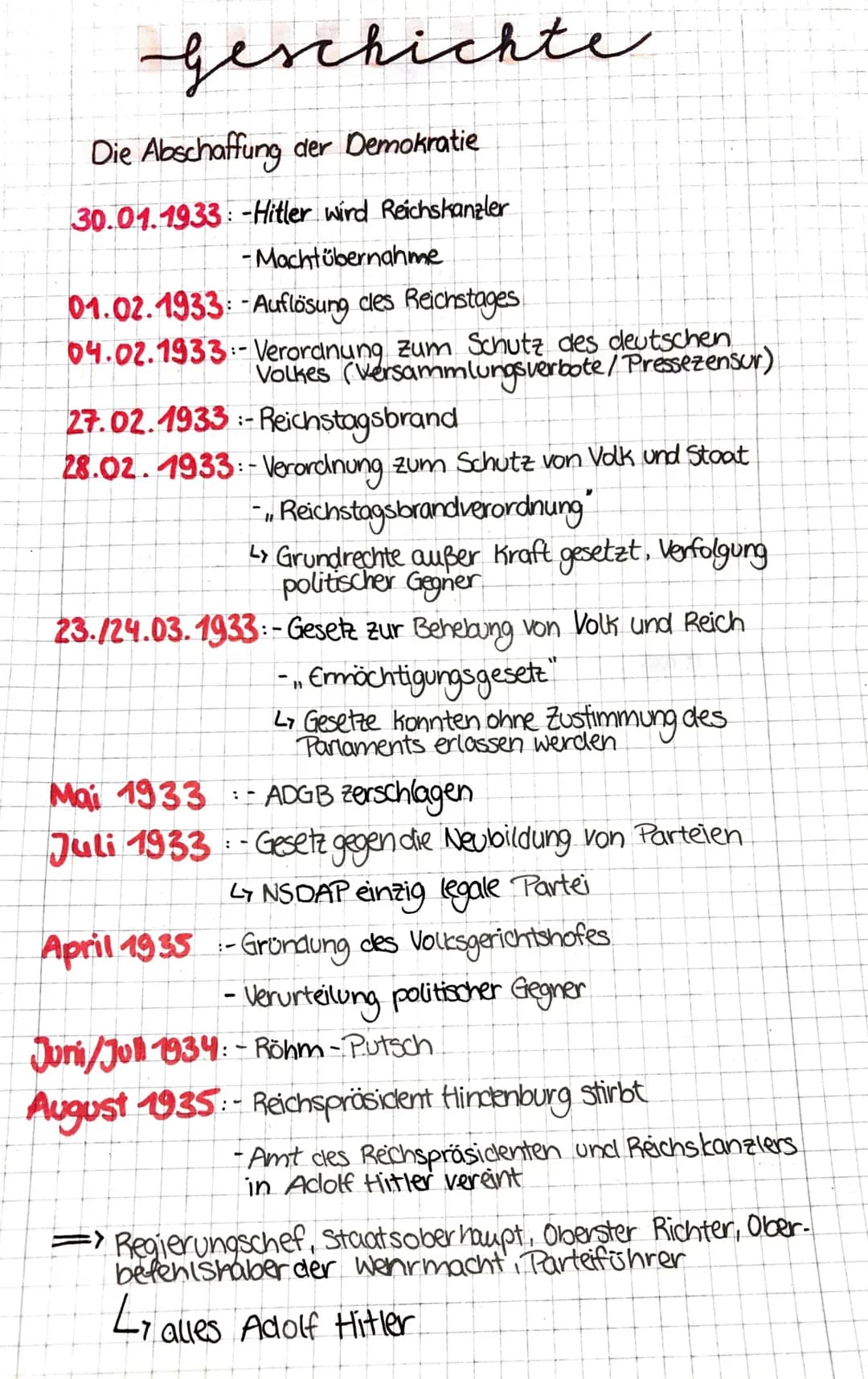 Geschichte
Die Abschaffung der Demokratie
30.01.1933 -Hitler wird Reichskanzler
- Machtübernahme
01.02.1933: -Auflösung des Reichstages
:
04