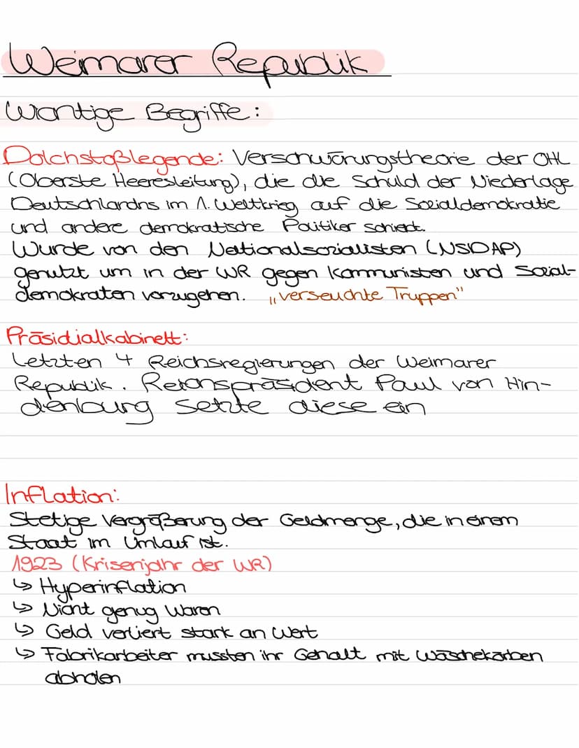  Weimarer Republik
Wantige Begriffe:
Dolchstoßlegende: Verschwörungstheorie der OHL
(Oberste Heeresleitung), die die Schuld der Niederlage
D