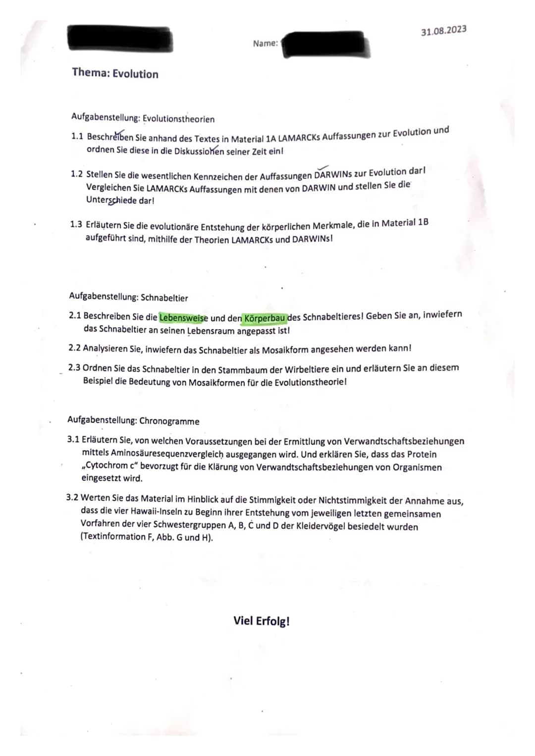 Thema: Evolution
Name:
31.08.2023
Aufgabenstellung: Evolutionstheorien
1.1 Beschreiben Sie anhand des Textes in Material 1A LAMARCKS Auffass