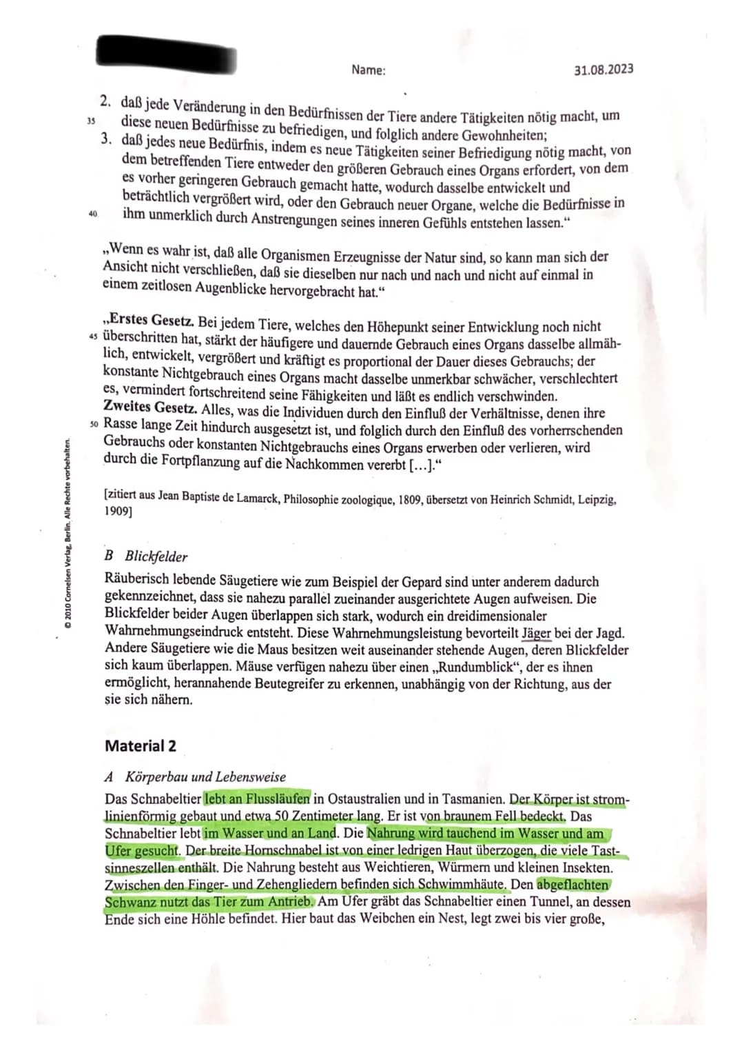 Thema: Evolution
Name:
31.08.2023
Aufgabenstellung: Evolutionstheorien
1.1 Beschreiben Sie anhand des Textes in Material 1A LAMARCKS Auffass