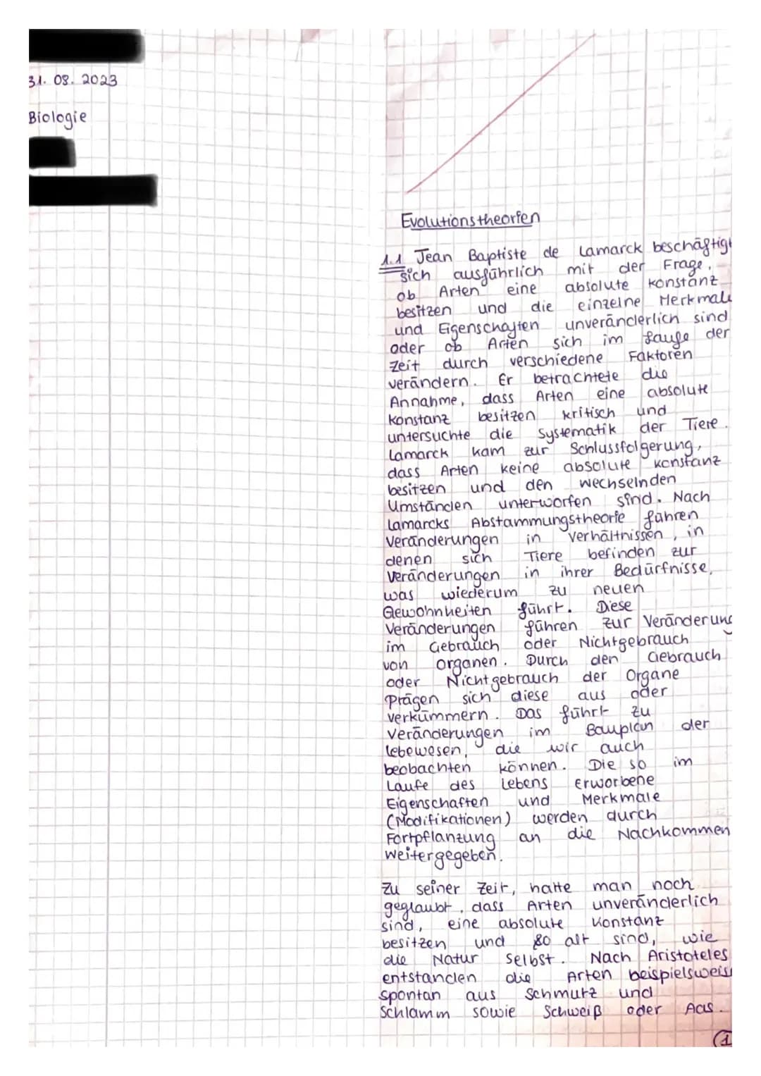 Thema: Evolution
Name:
31.08.2023
Aufgabenstellung: Evolutionstheorien
1.1 Beschreiben Sie anhand des Textes in Material 1A LAMARCKS Auffass