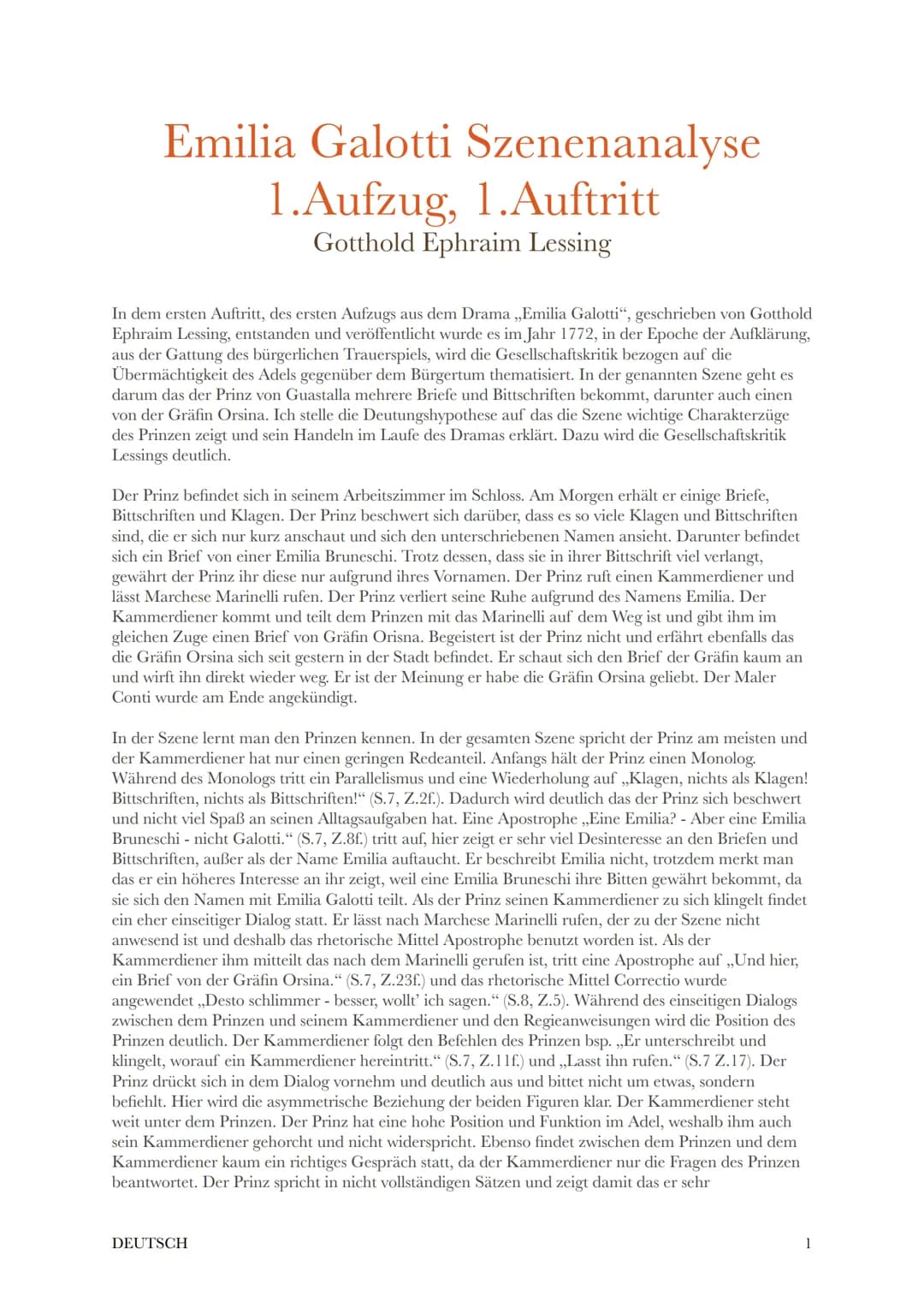 Emilia Galotti Szenenanalyse
1.Aufzug, 1.Auftritt
Gotthold Ephraim Lessing
In dem ersten Auftritt, des ersten Aufzugs aus dem Drama ,,Emilia