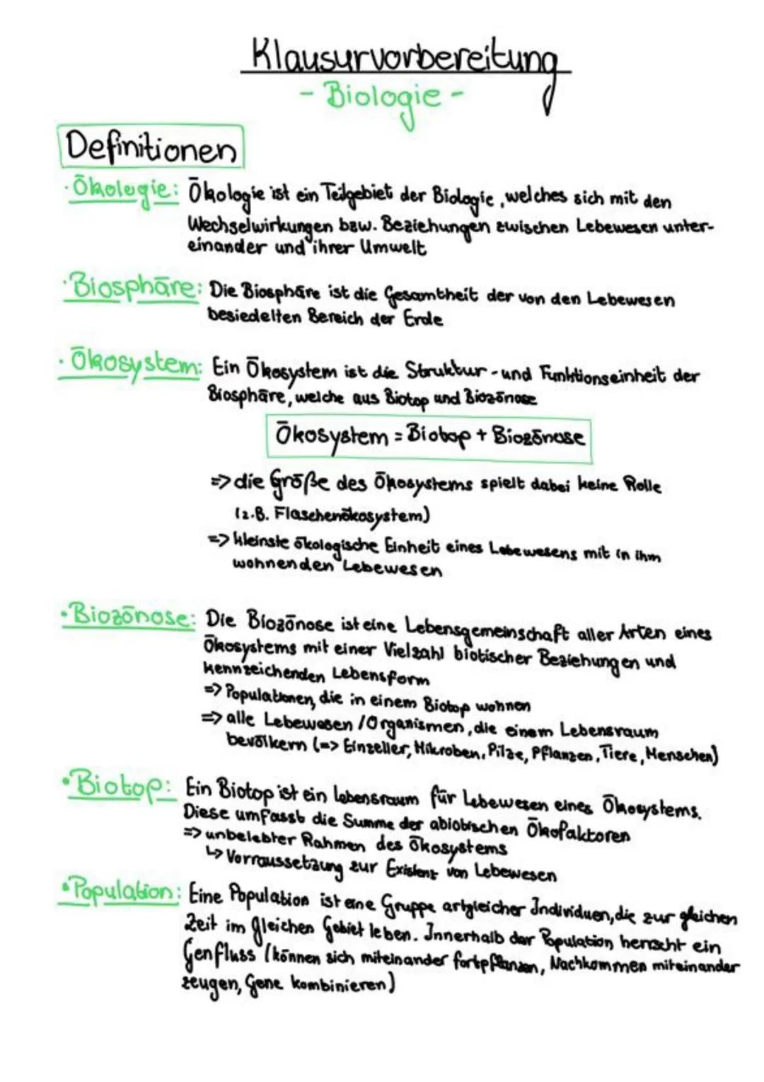 Klausurvorbereitung
- Biologie-
Definitionen
- Ökologie: Ökologie ist ein Teilgebiet der Biologie, welches sich mit den
Wechselwirkungen baw